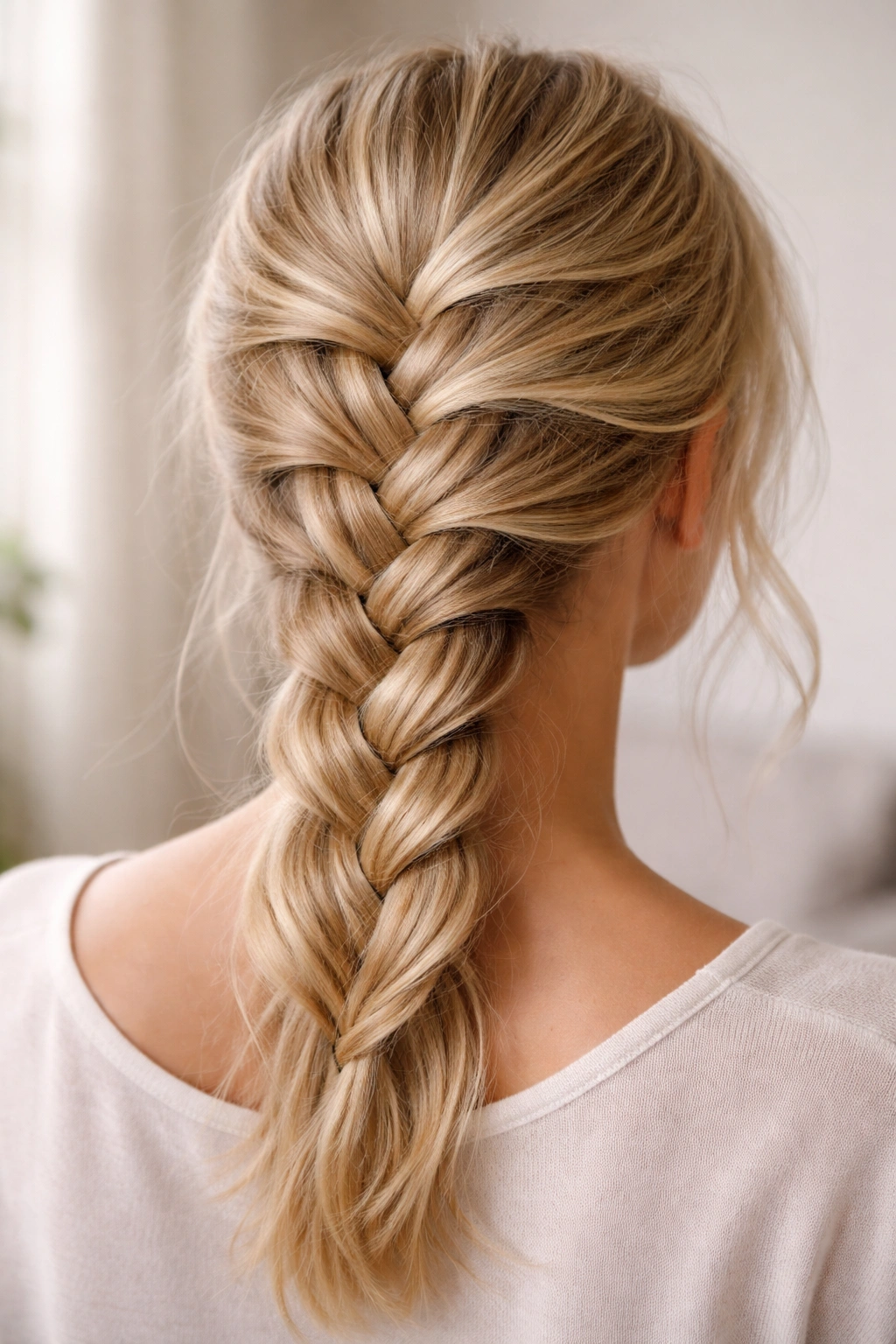 Close-up of a loose three-strand French braid on thin hair showing fullness