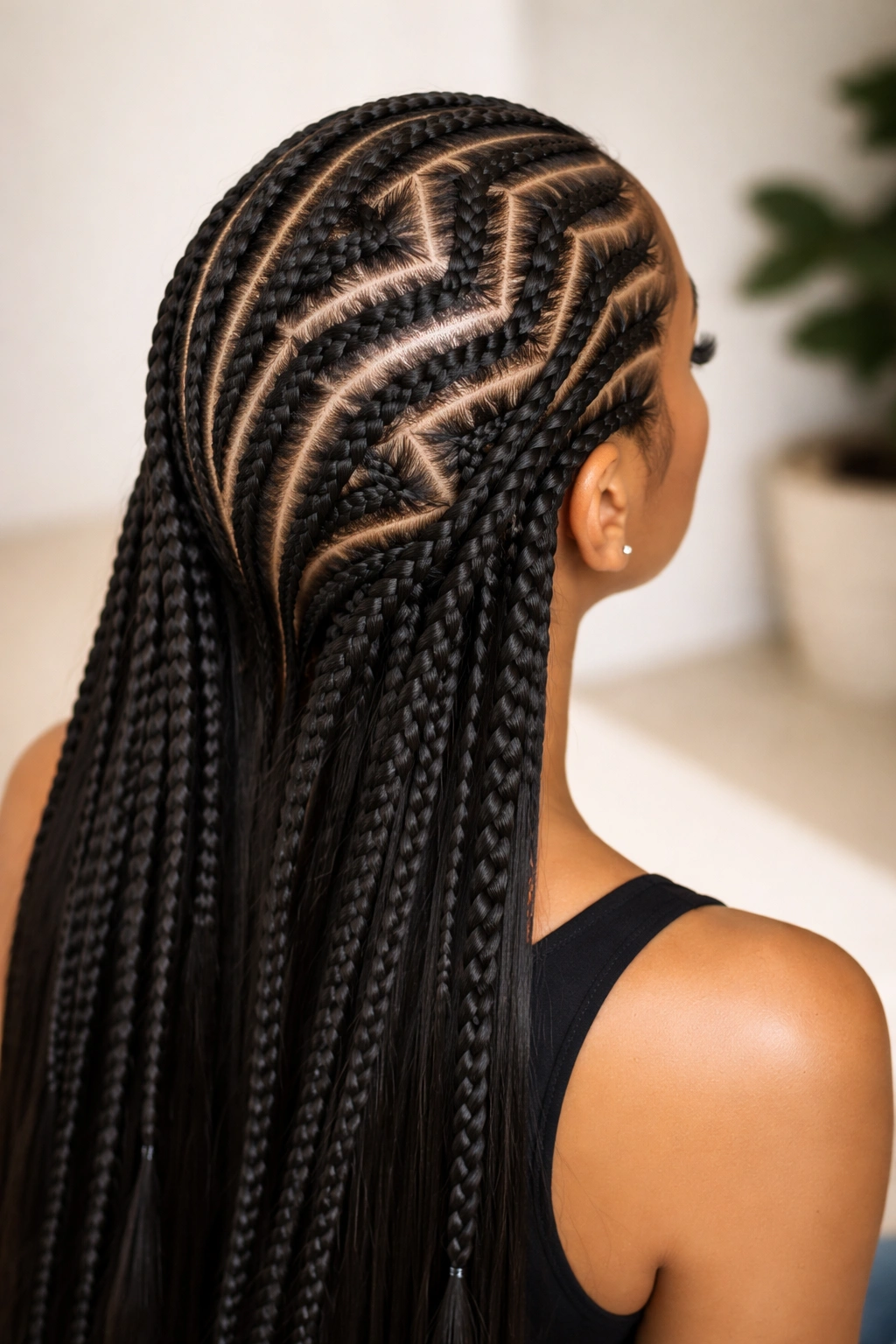 Top-down view of three-strand feed-in cornrows forming geometric patterns across the scalp