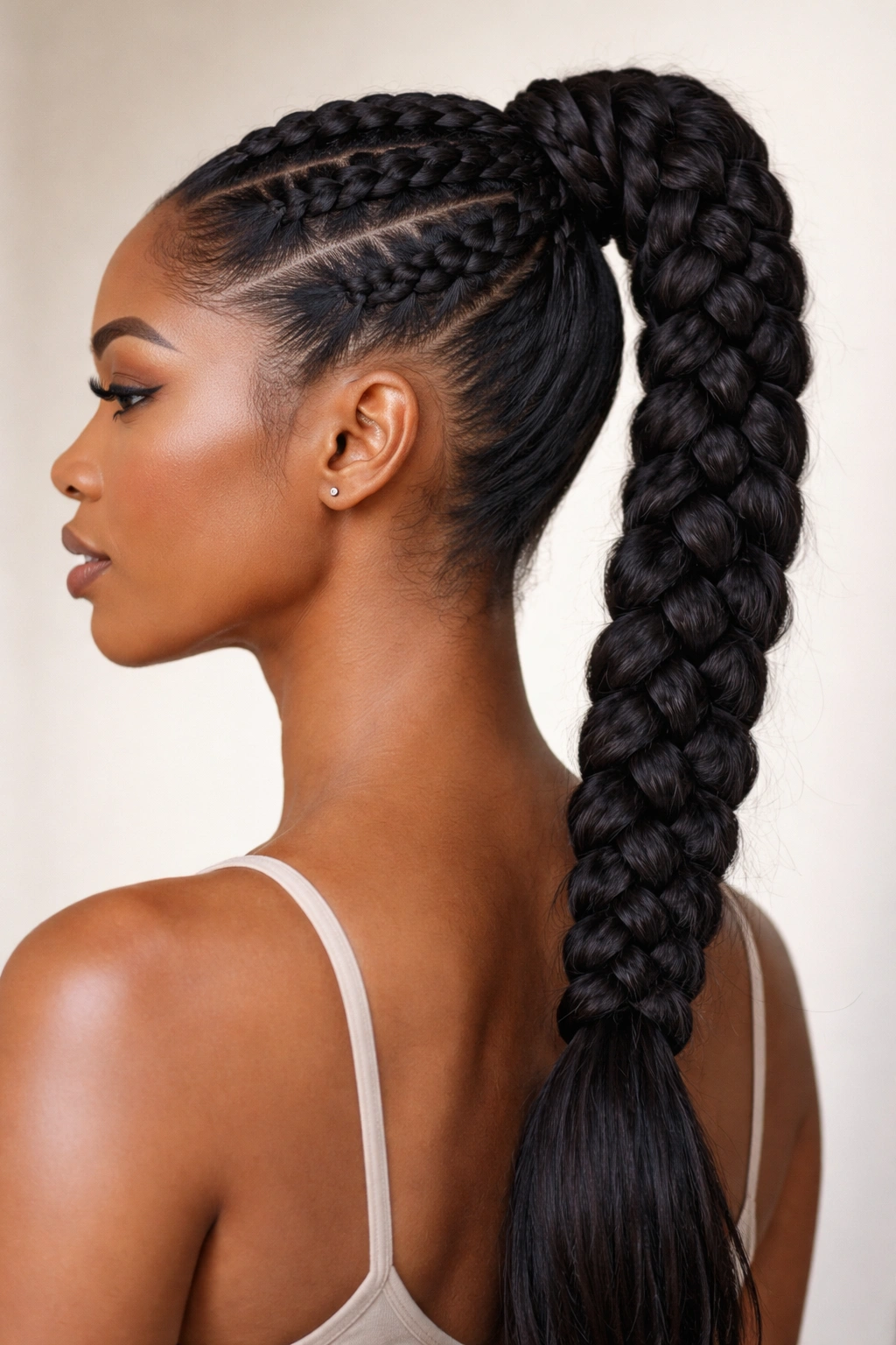 Three-Strand Dutch Braid Ponytail: raised Dutch braids converge into a sculpted ponytail