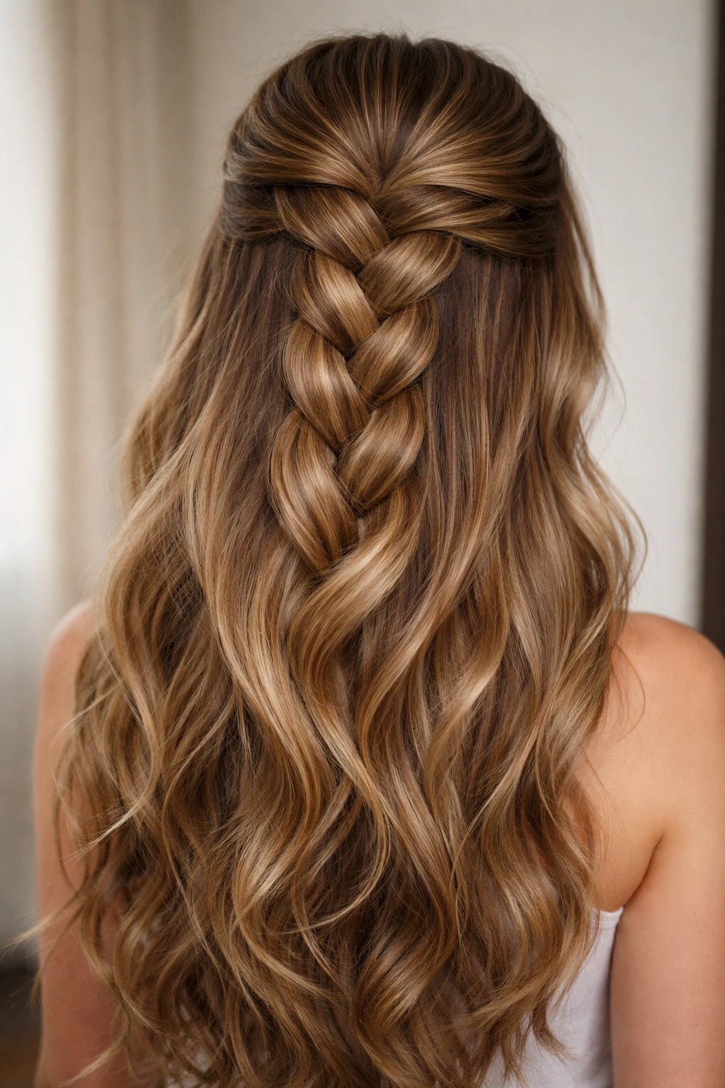 Bold thick three-strand braid half up on thick hair.