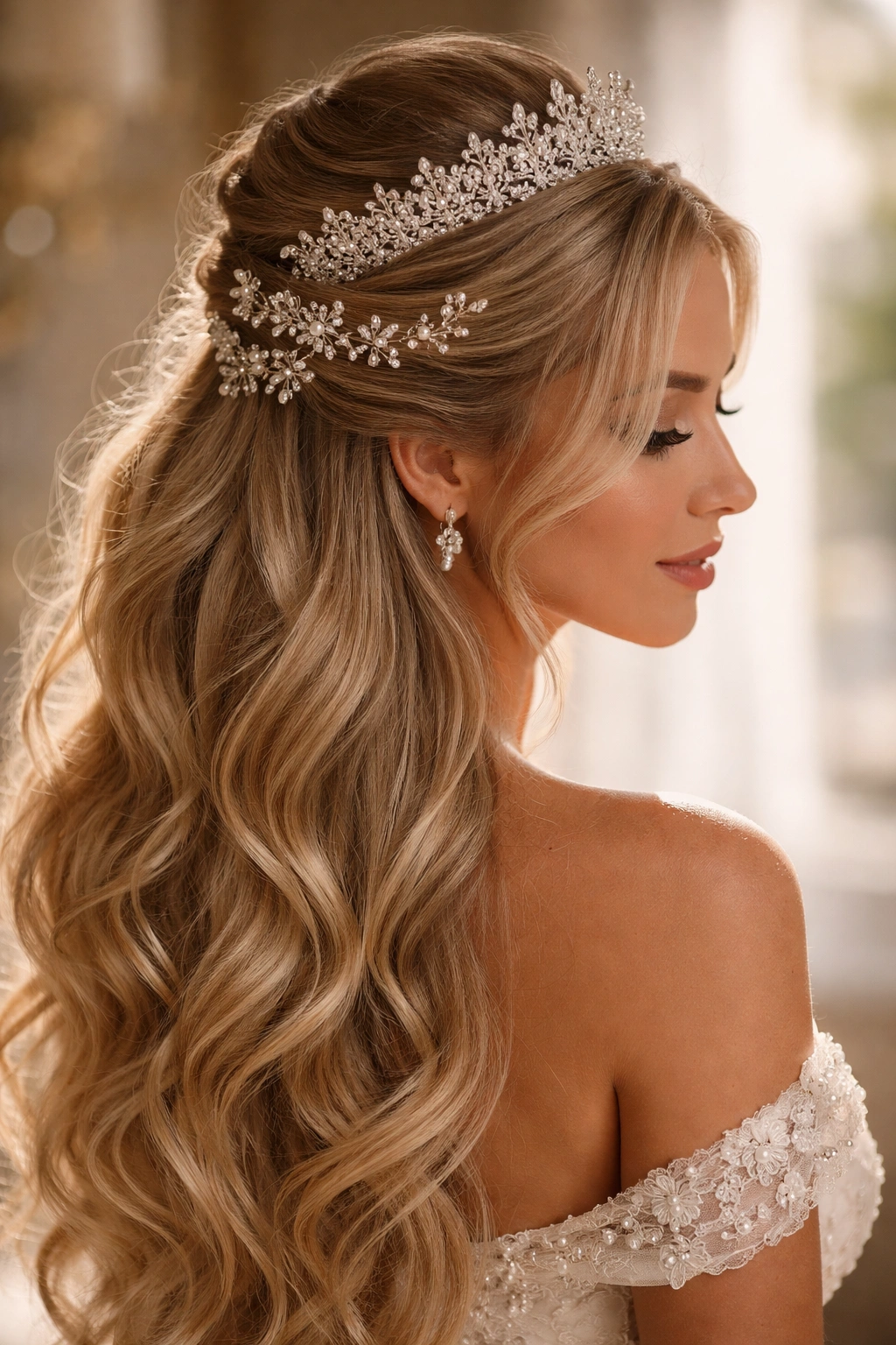 Half up half down with tiara and multiple accessories on model
