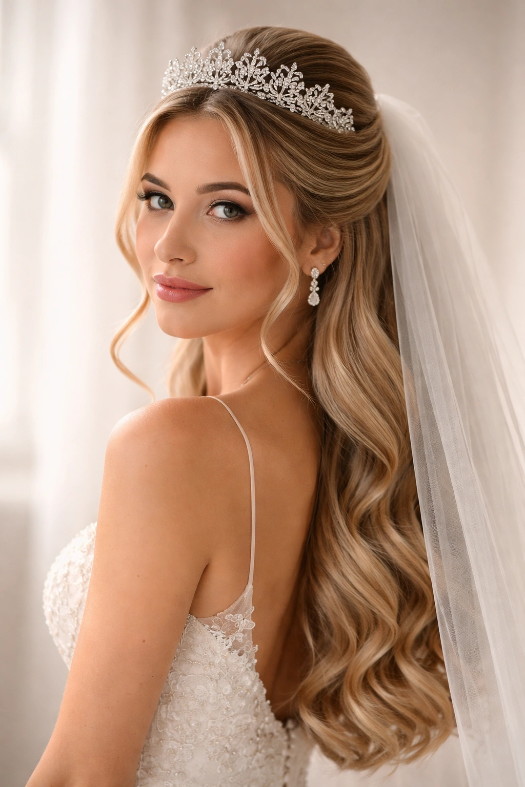 Bride with half-up half-down hairstyle, wearing tiara and veil, veil flowing from the crown