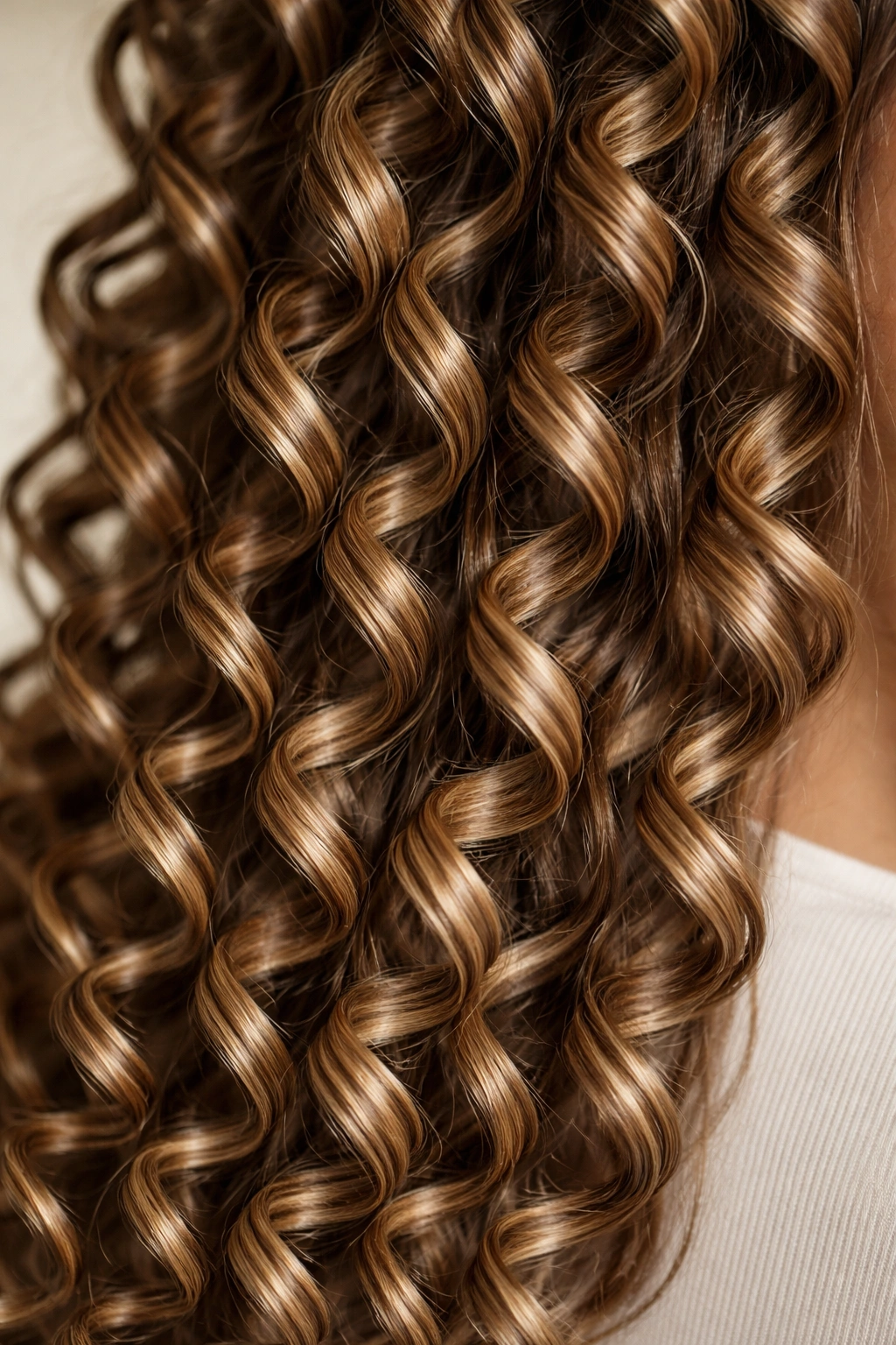 Close-up of tight coils with defined curls on straight hair