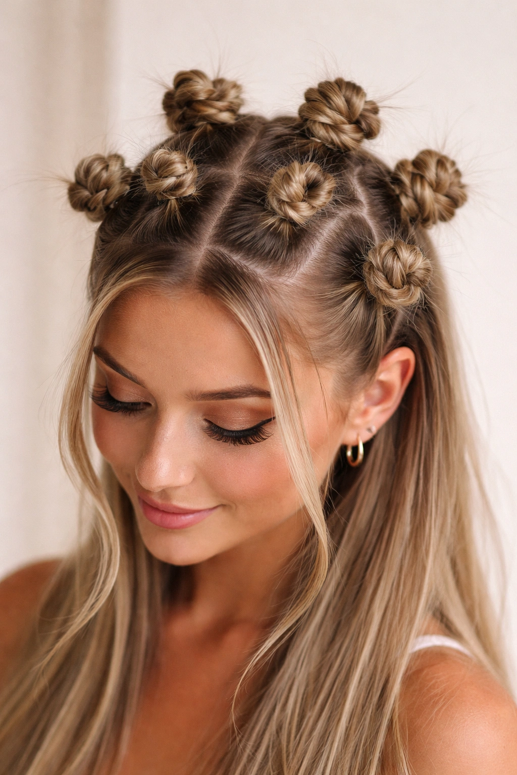 Multiple tiny space buns arranged across the crown and sides on straight hair.