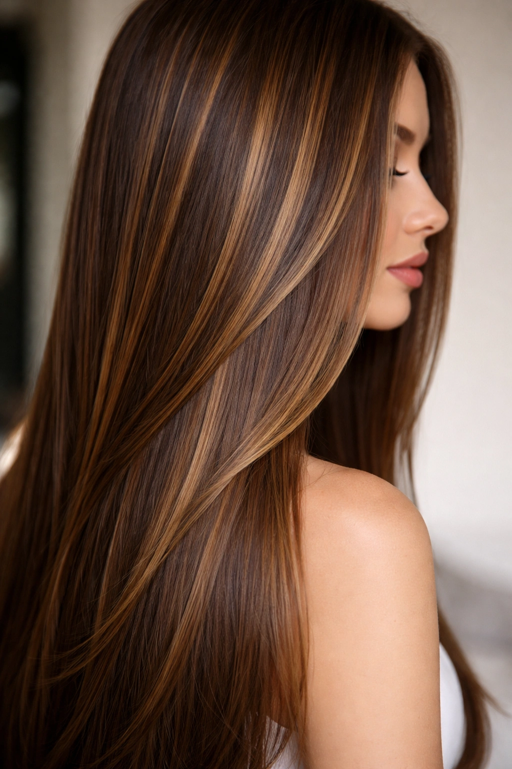 Hair with toffee highlights showing warm brown and golden ribbons on straight hair