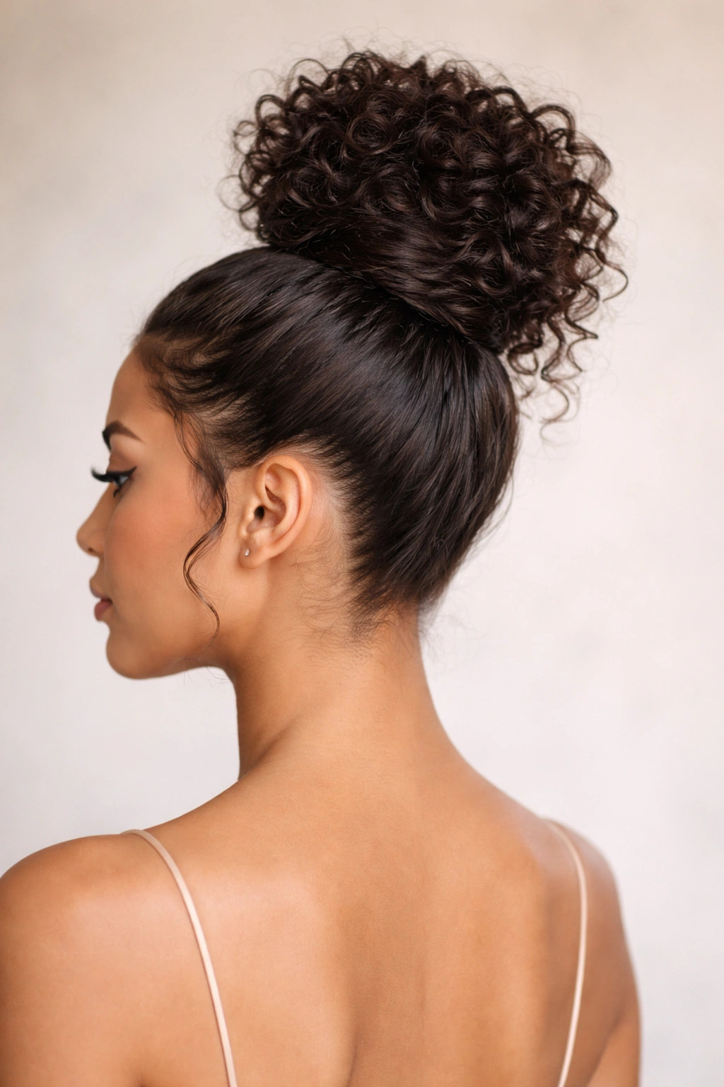 Close-up of a high crowned curly top knot with wrapped ponytail on a neutral studio background