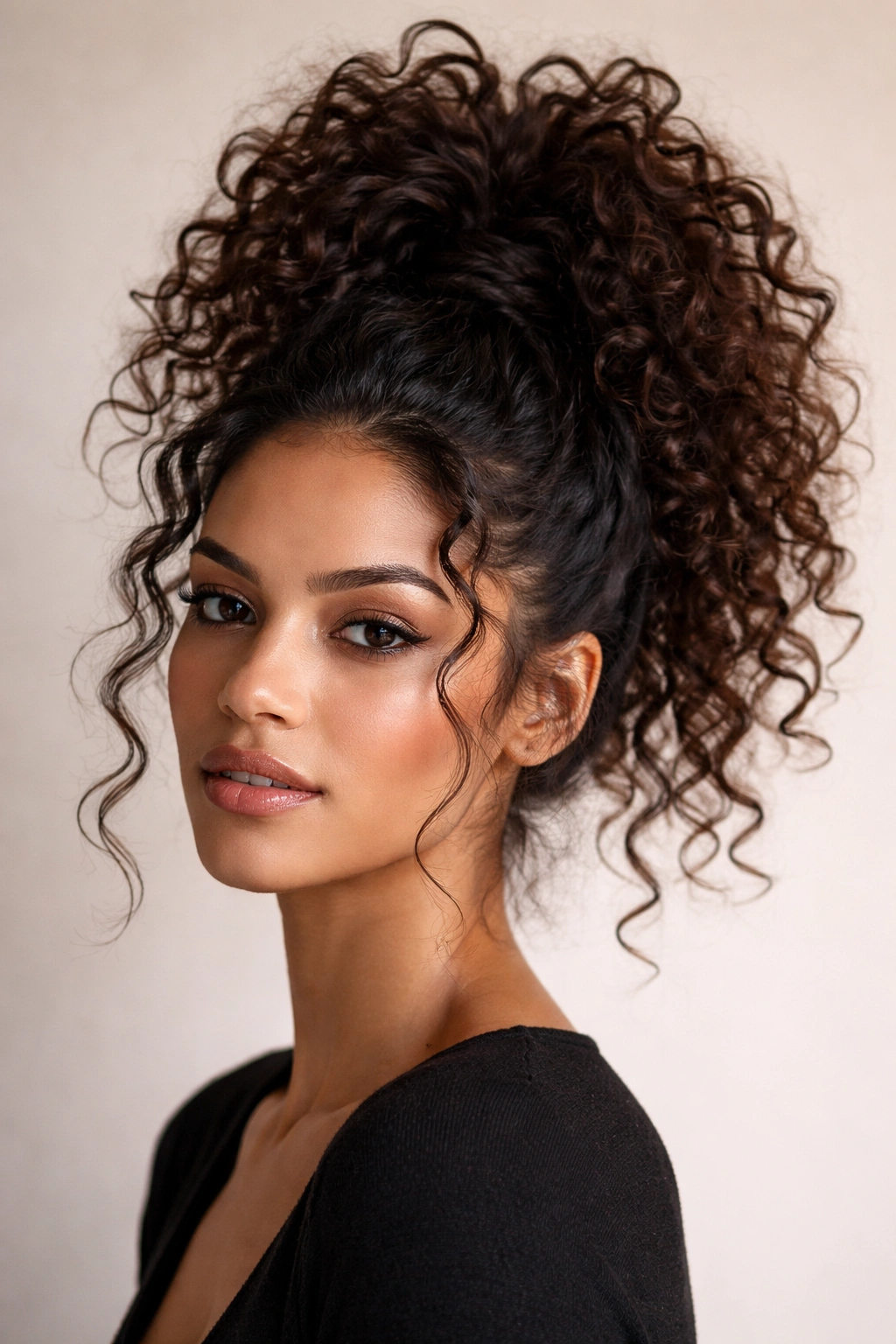 Close-up of a curly hairstyle with a high voluminous top knot ponytail