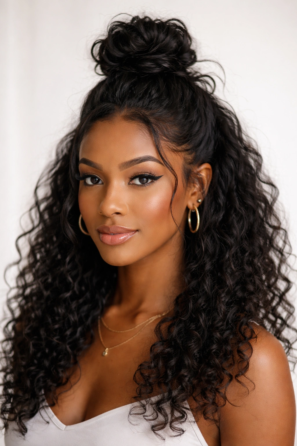 Top knot half-up hairstyle with textured ends and loose strands