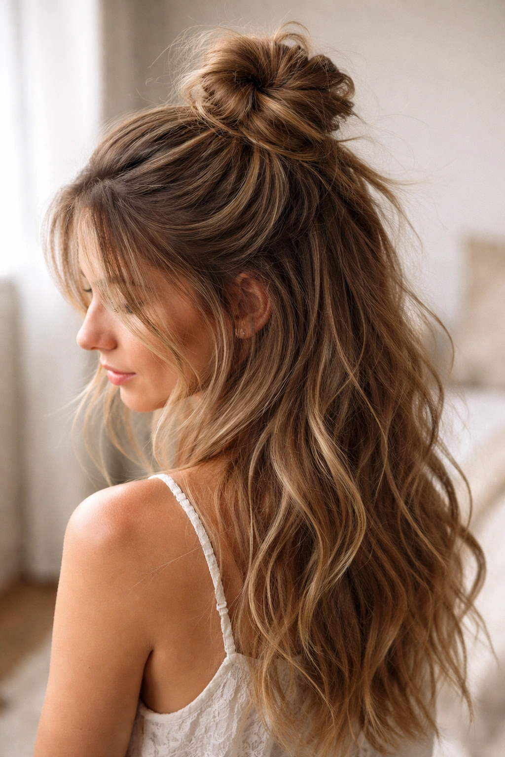 Messy top knot half-up hairstyle with loose waves.
