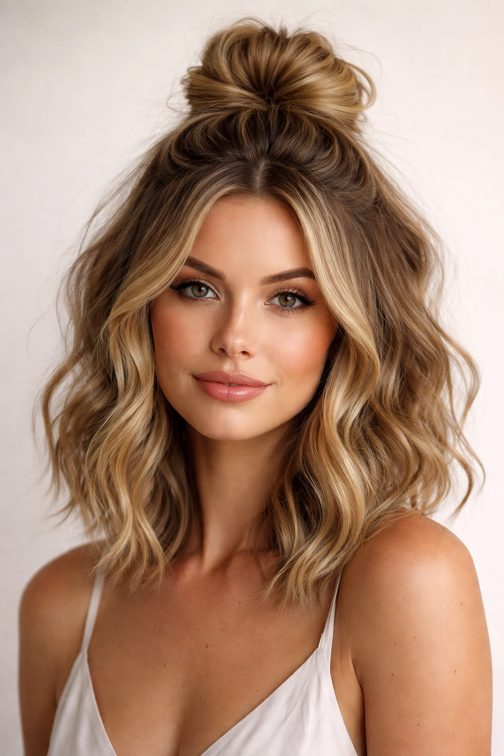 Top knot half-up with volume at crown and flowing waves below.