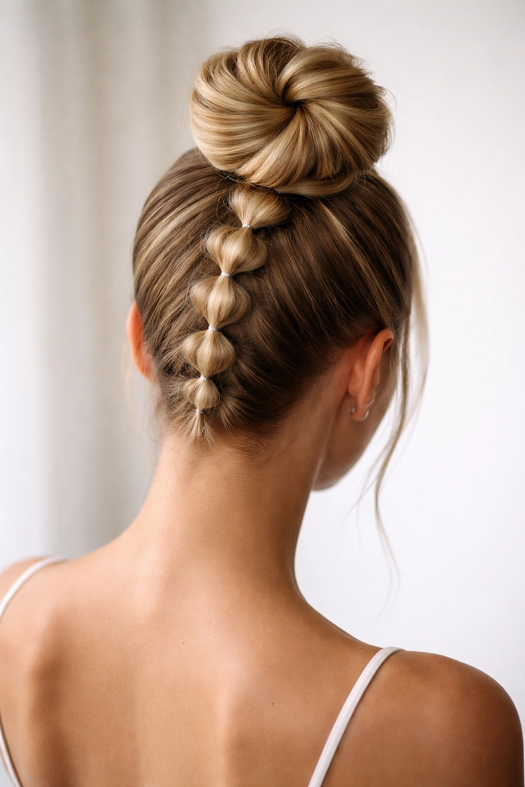 Bubble braid coiled into a topknot at the crown, polished updo