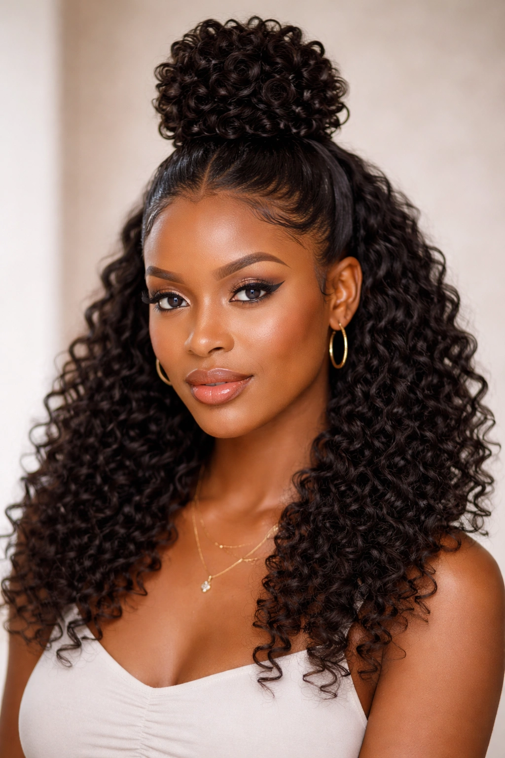 Close-up of Half Up Topknot with Coils hairstyle highlighting textured coils forming a crown knot