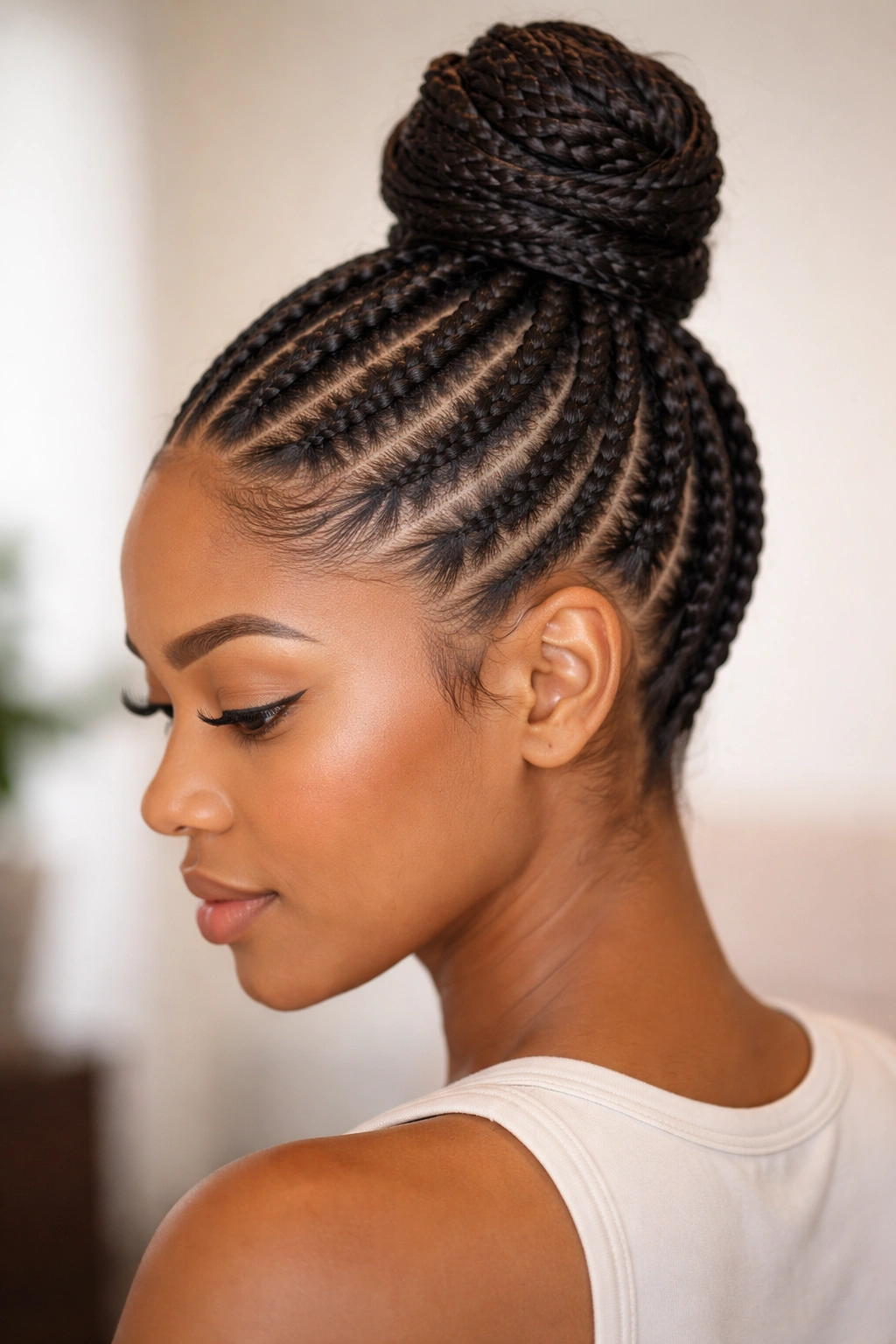 Feed-in cornrows gathered into a high crown topknot