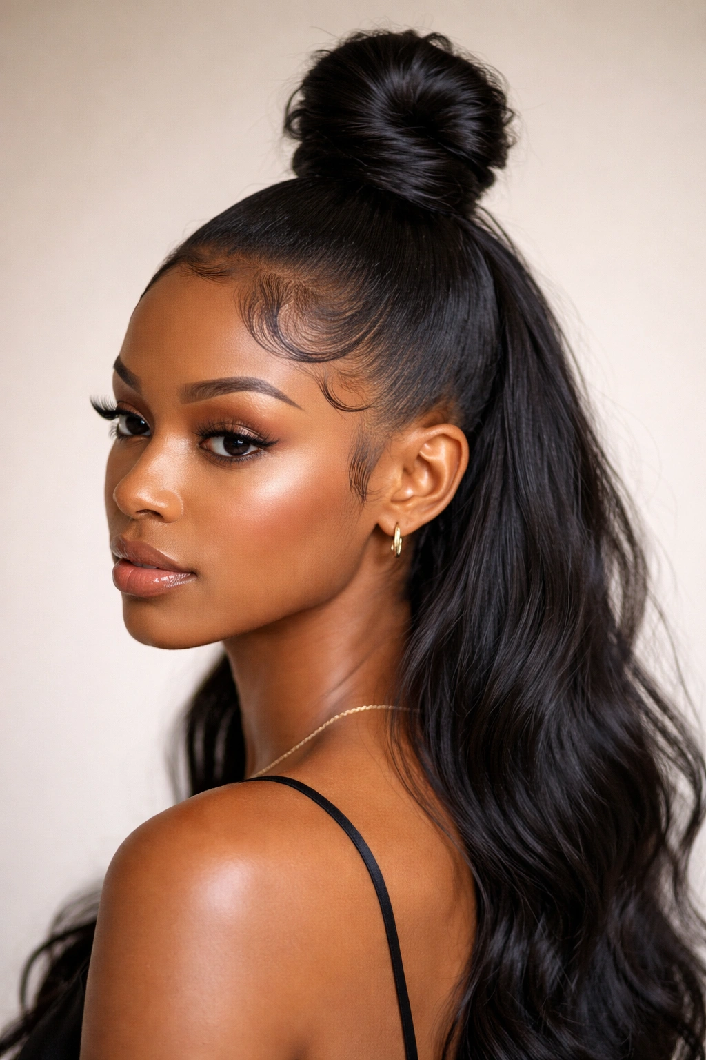 Close-up of a high sleek topknot with curved baby hairs along the hairline