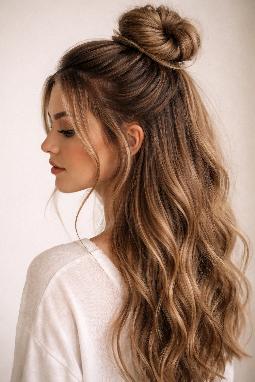 Half-up half-down topknot hairstyle at crown