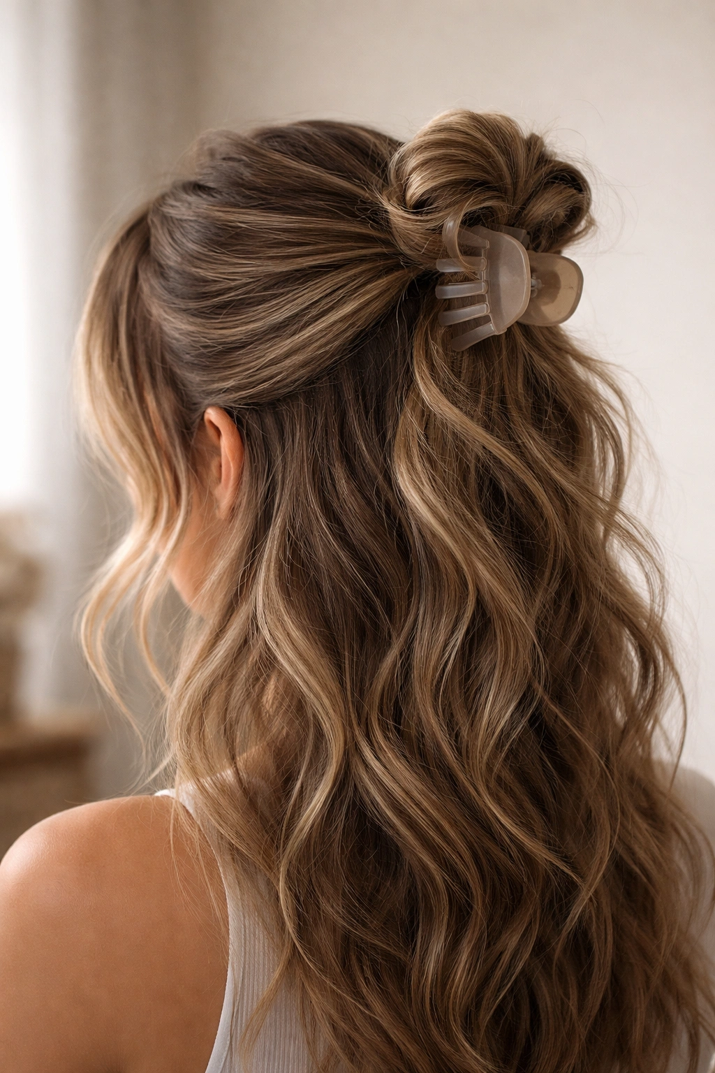 Undone half-up topknot with textured crown and loose strands