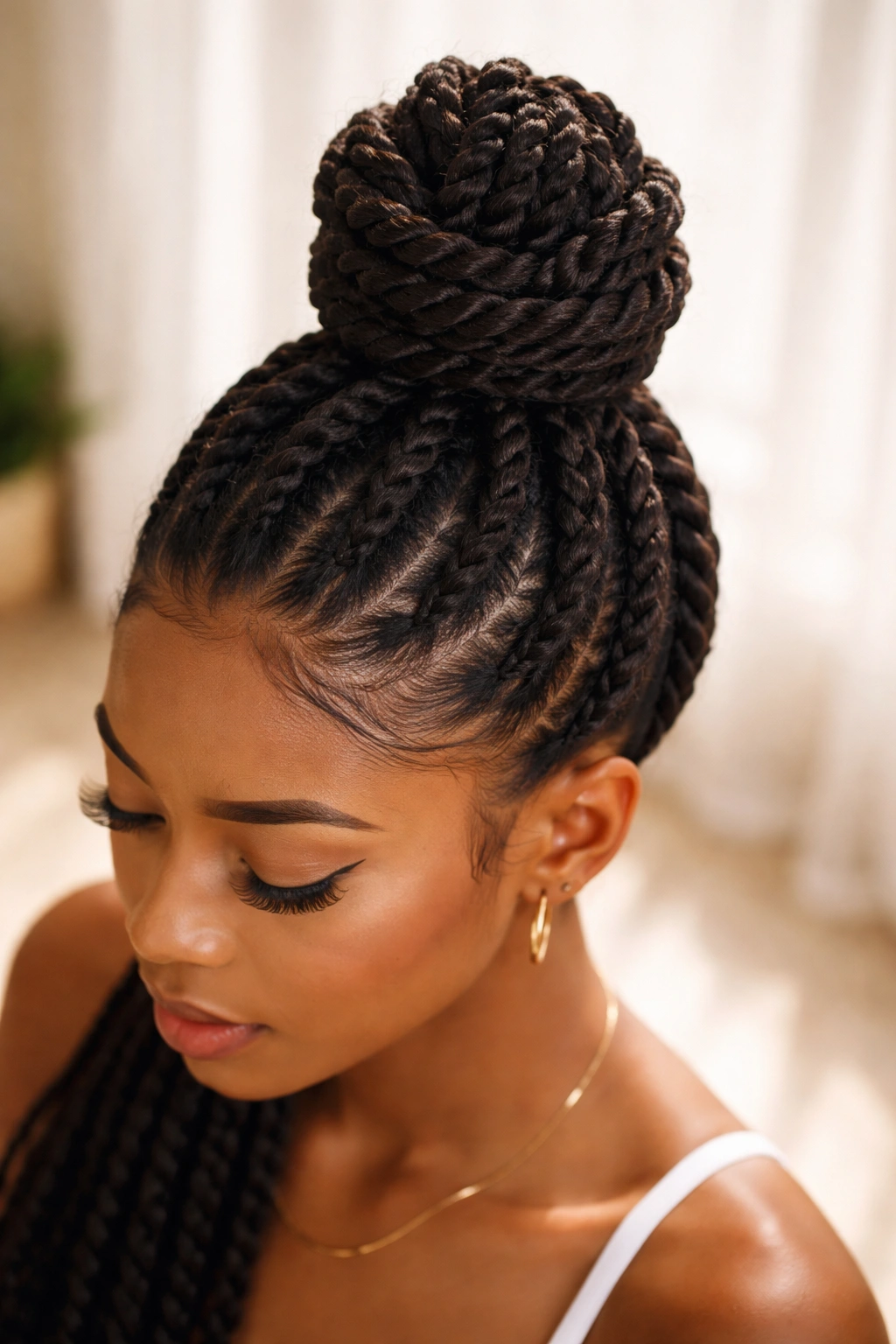 High Topknot with Twisted Details featuring a textured knotted bun