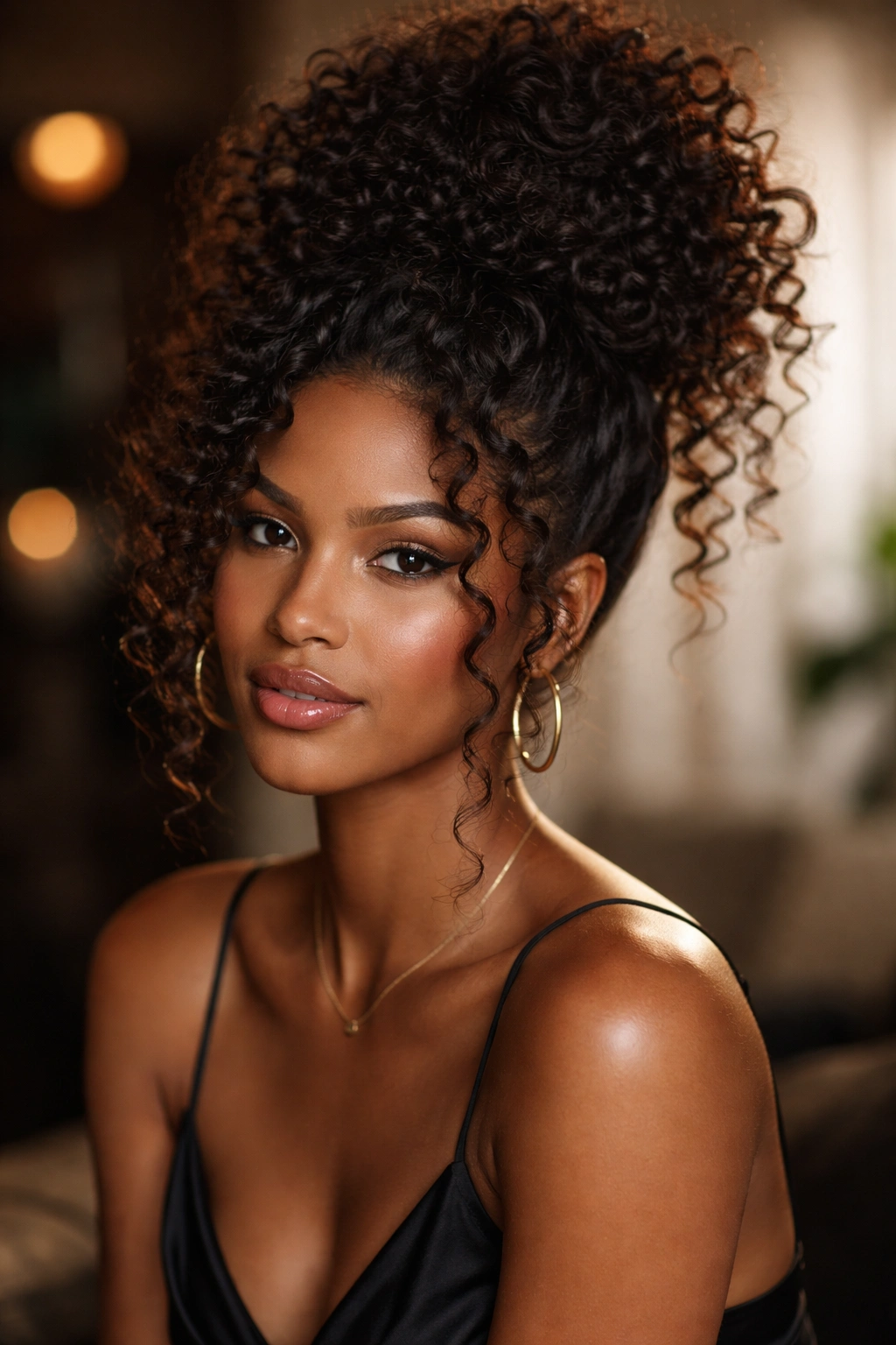 Voluminous curly topknot with loose curls framing the face