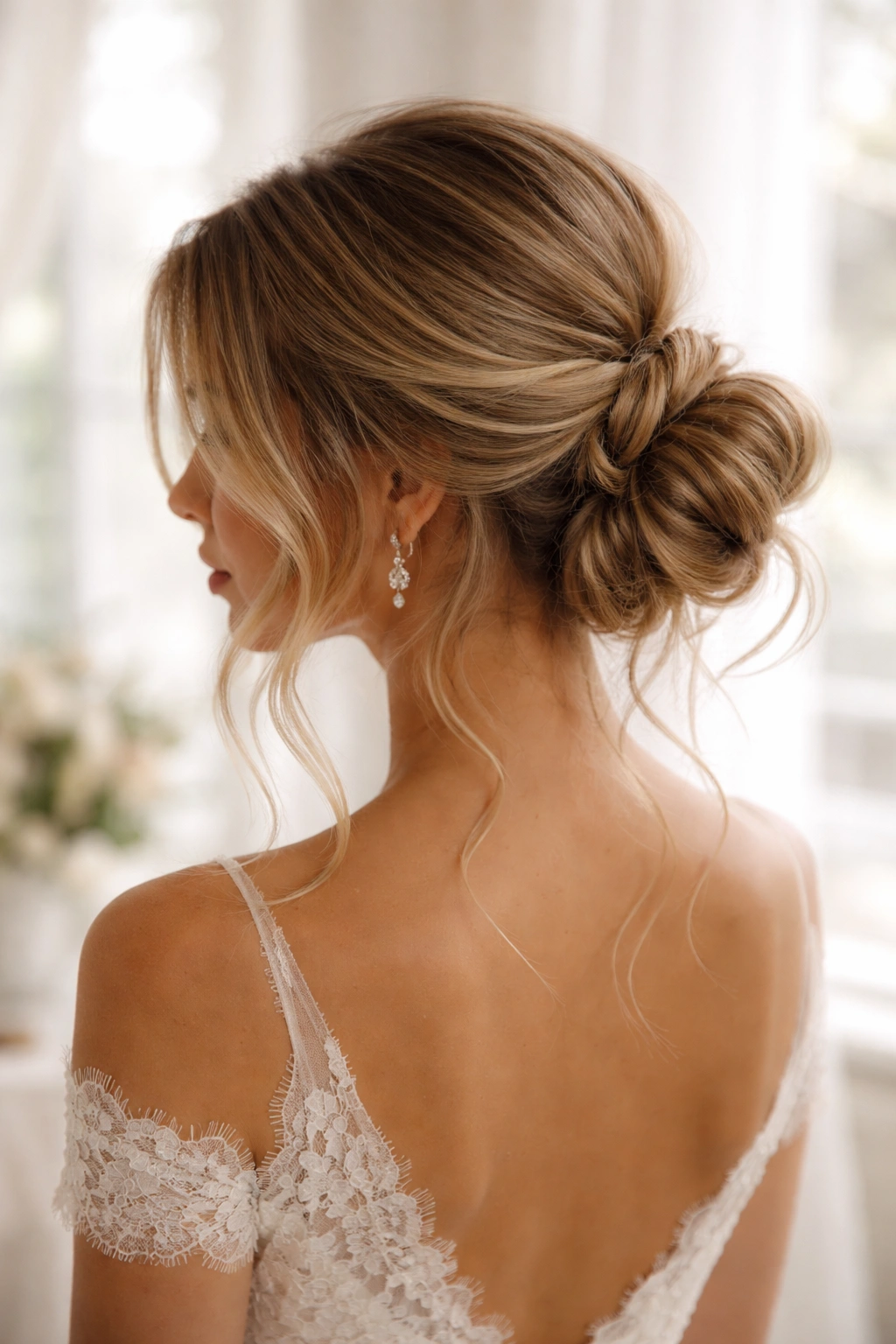 Waves pulled into a loose low topknot with framing waves