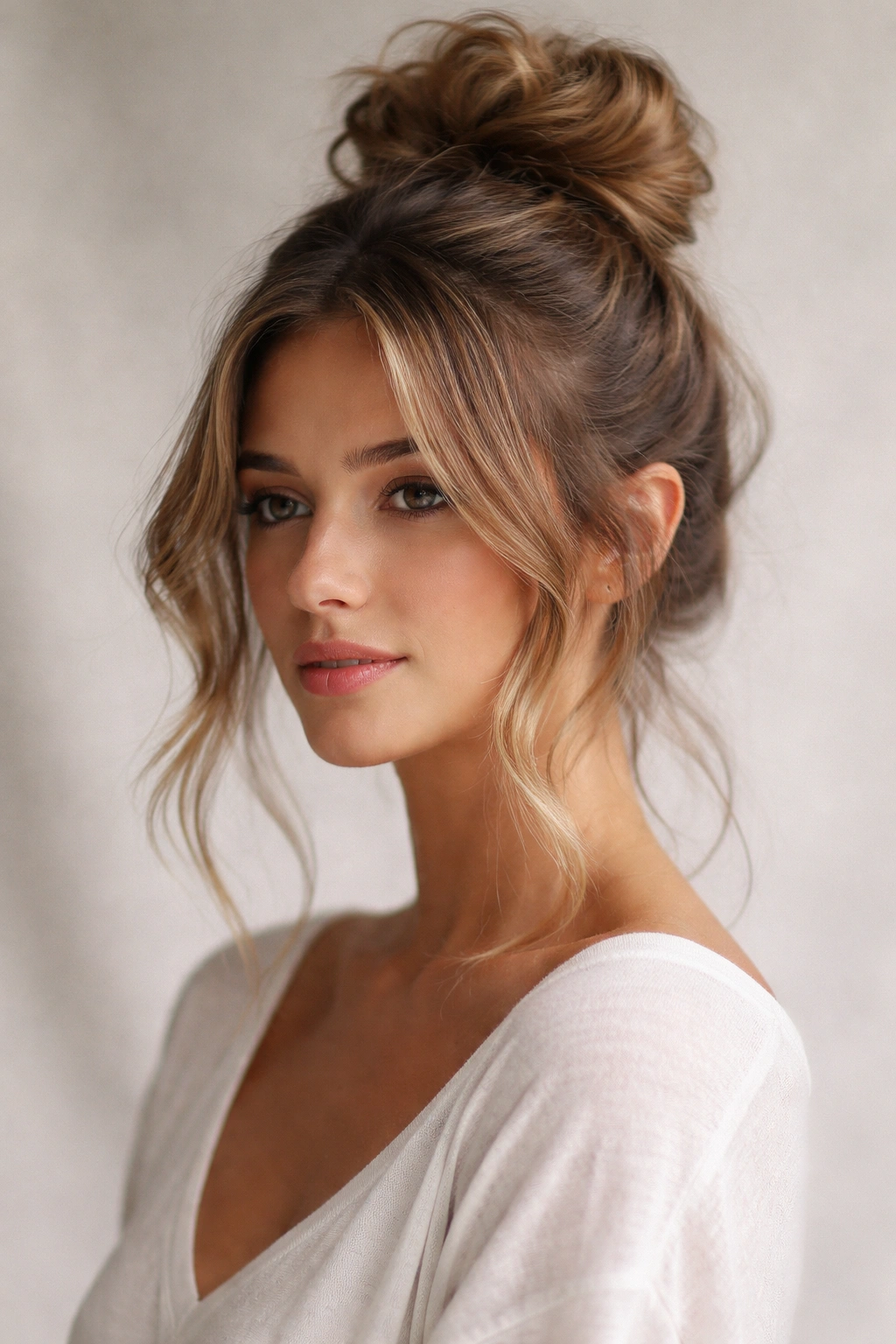 Close-up of a high textured topknot with face-framing layers on wavy hair