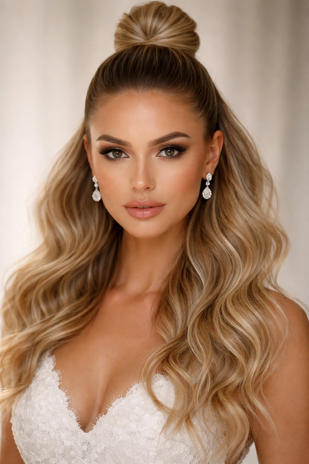 Bride with sleek topknot and textured waves below.
