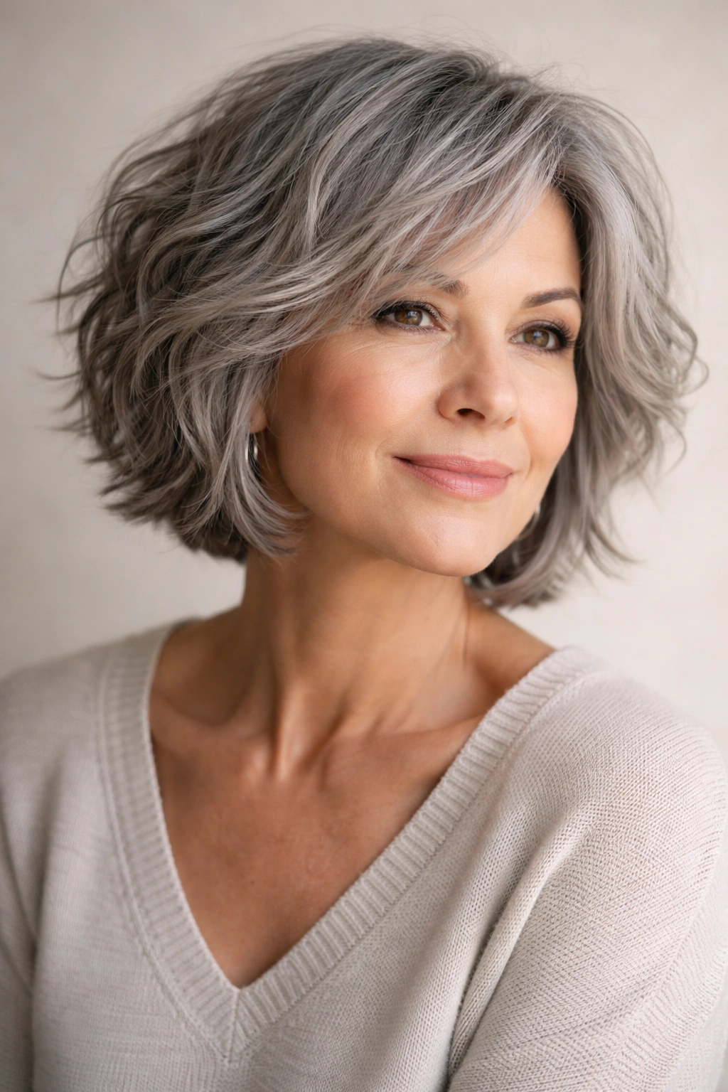 Portrait of a mature woman with a tousled bob and choppy layers in a neutral studio.