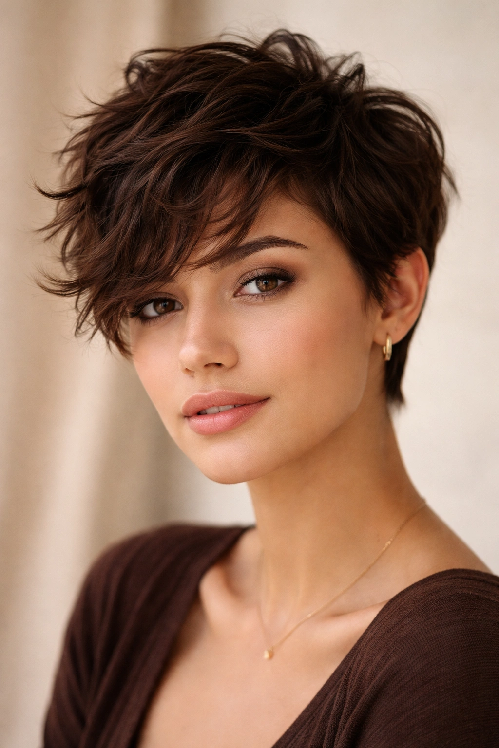 Brunette tousled crop with soft waves.