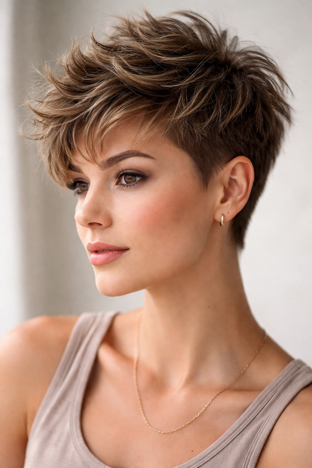Close-up portrait of a tousled crop with crown volume and textured top
