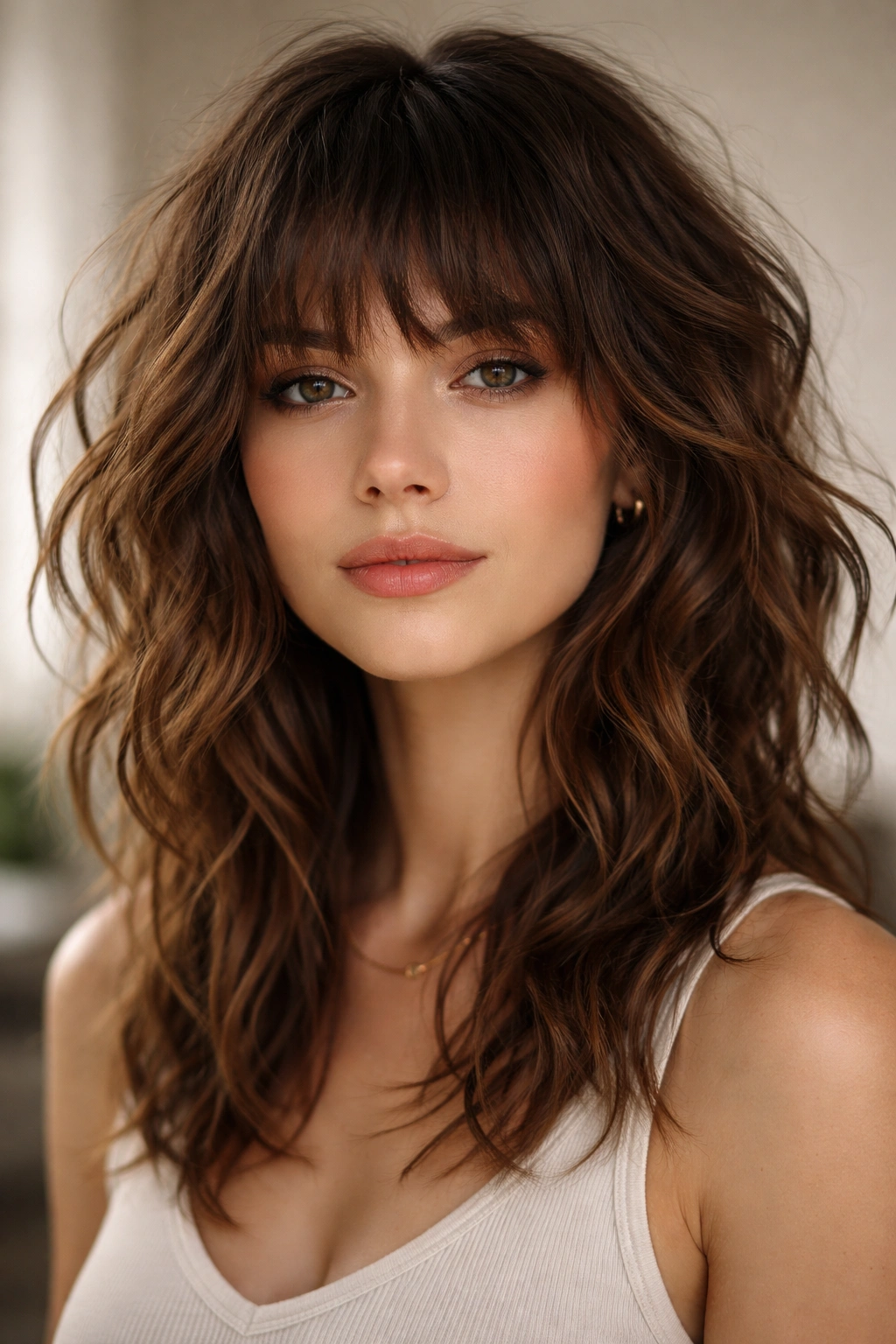 Close-up of a wavy hairstyle featuring a short choppy fringe above the eyebrows with textured layers.