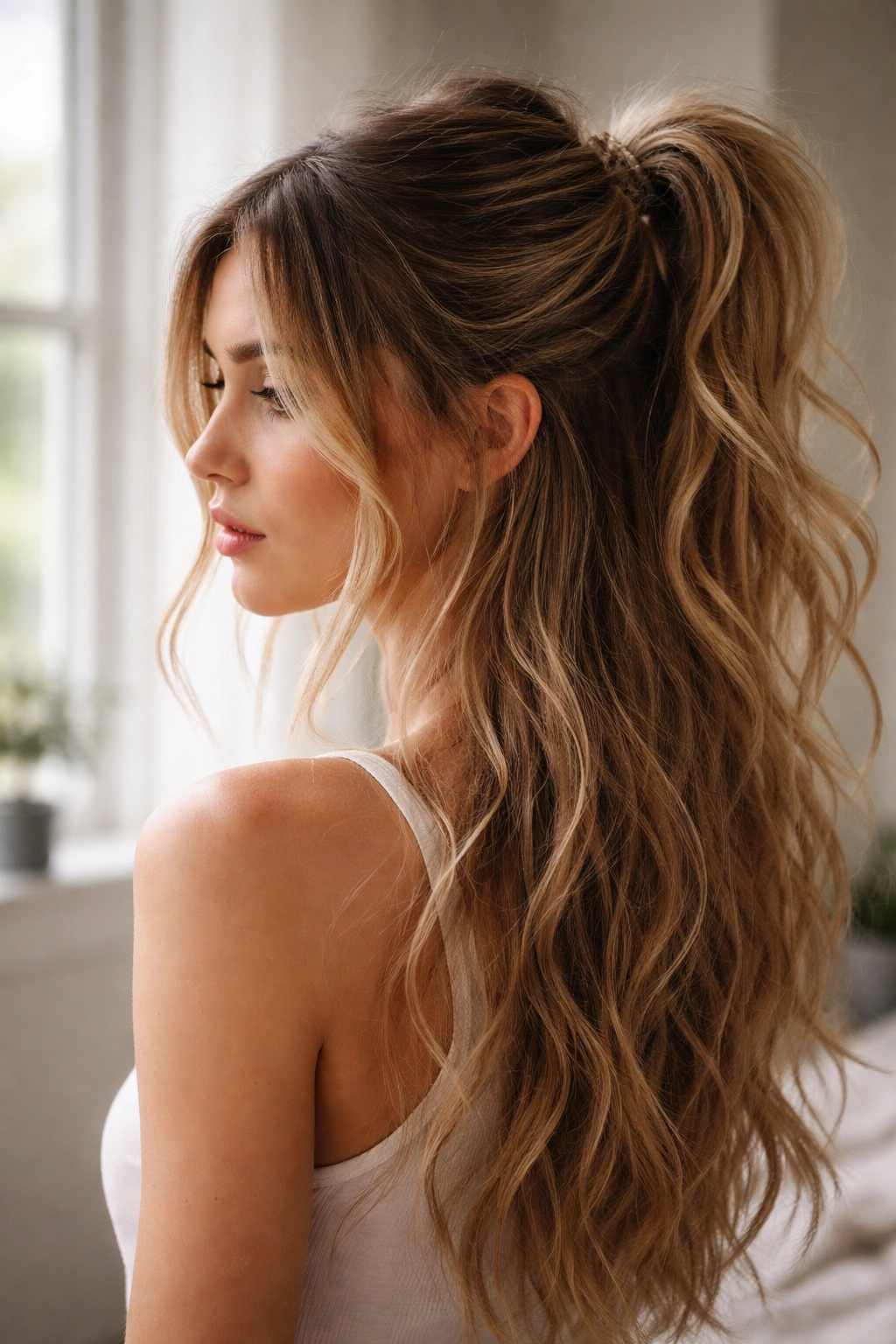 Back/side view of tousled half-up with face-framing strands.