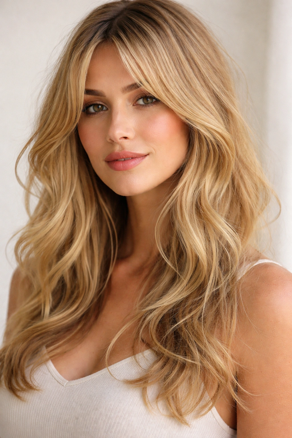 Effortless tousled layered hairstyle with swept curtain bangs