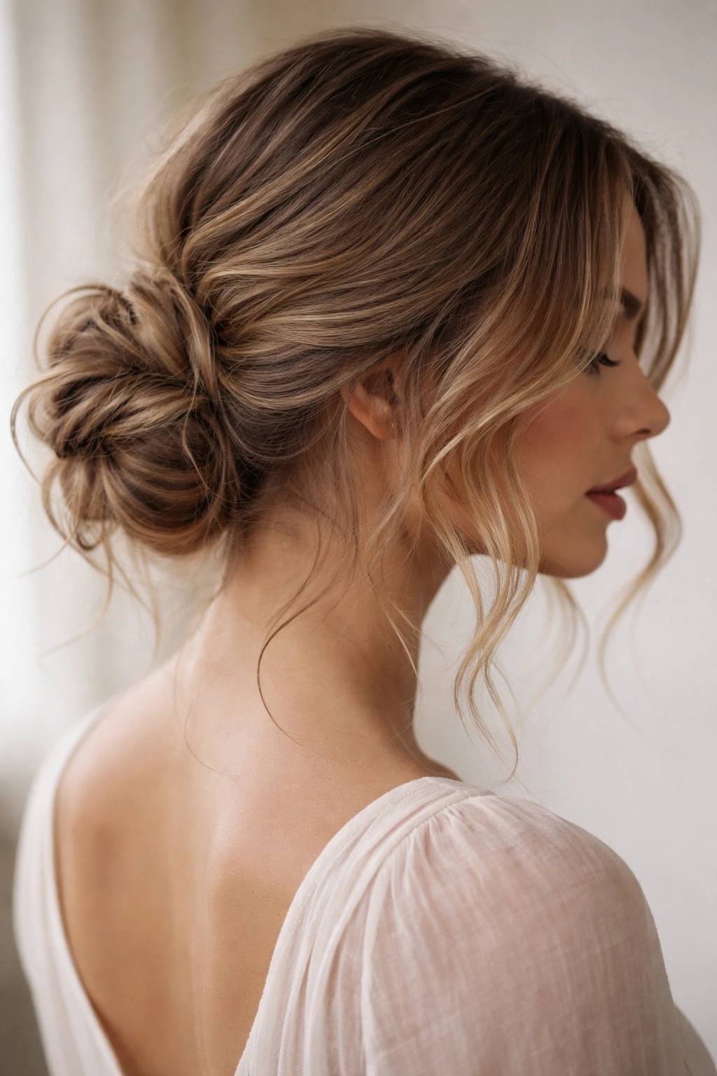 Close-up of a wavy hairstyle featuring a tousled low bun at the nape and face-framing waves.