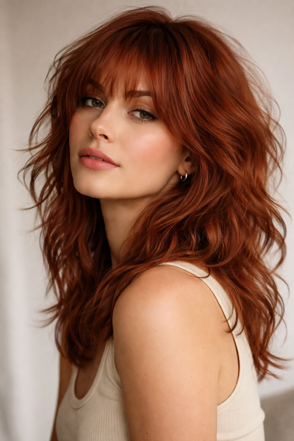 Red tousled shag with wispy feathered bangs