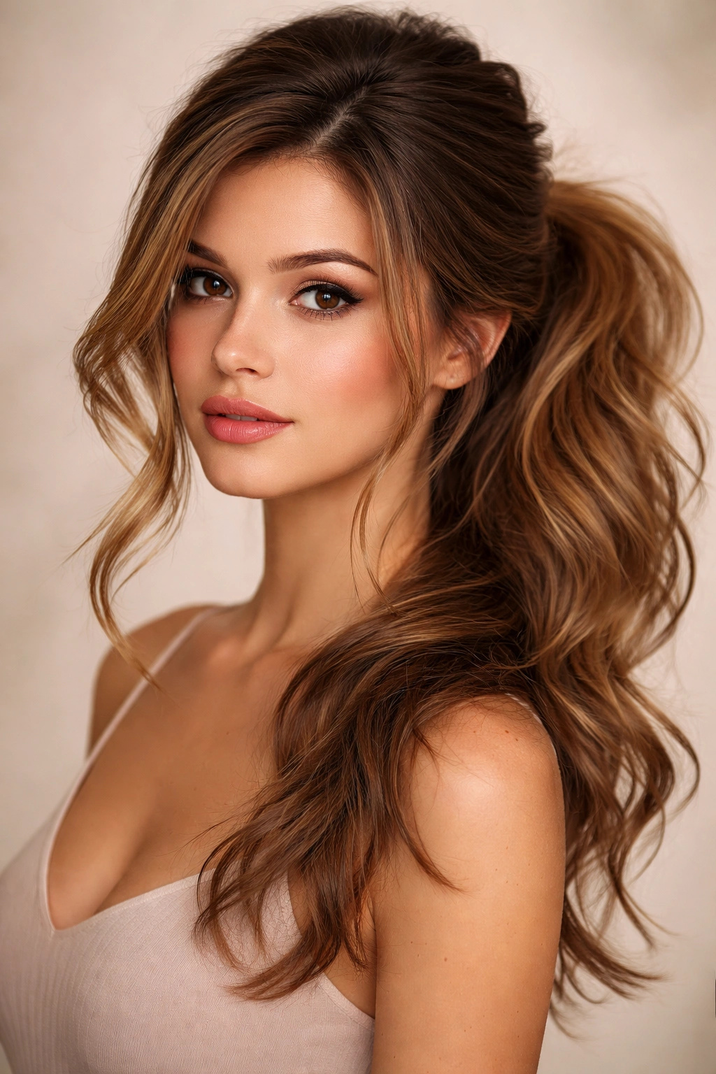 Side ponytail with tousled waves and face-framing pieces.