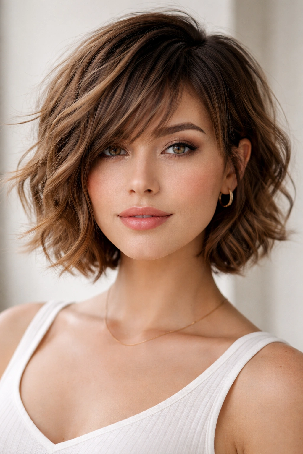 Tousled waves with angled bangs on a chin-length cut