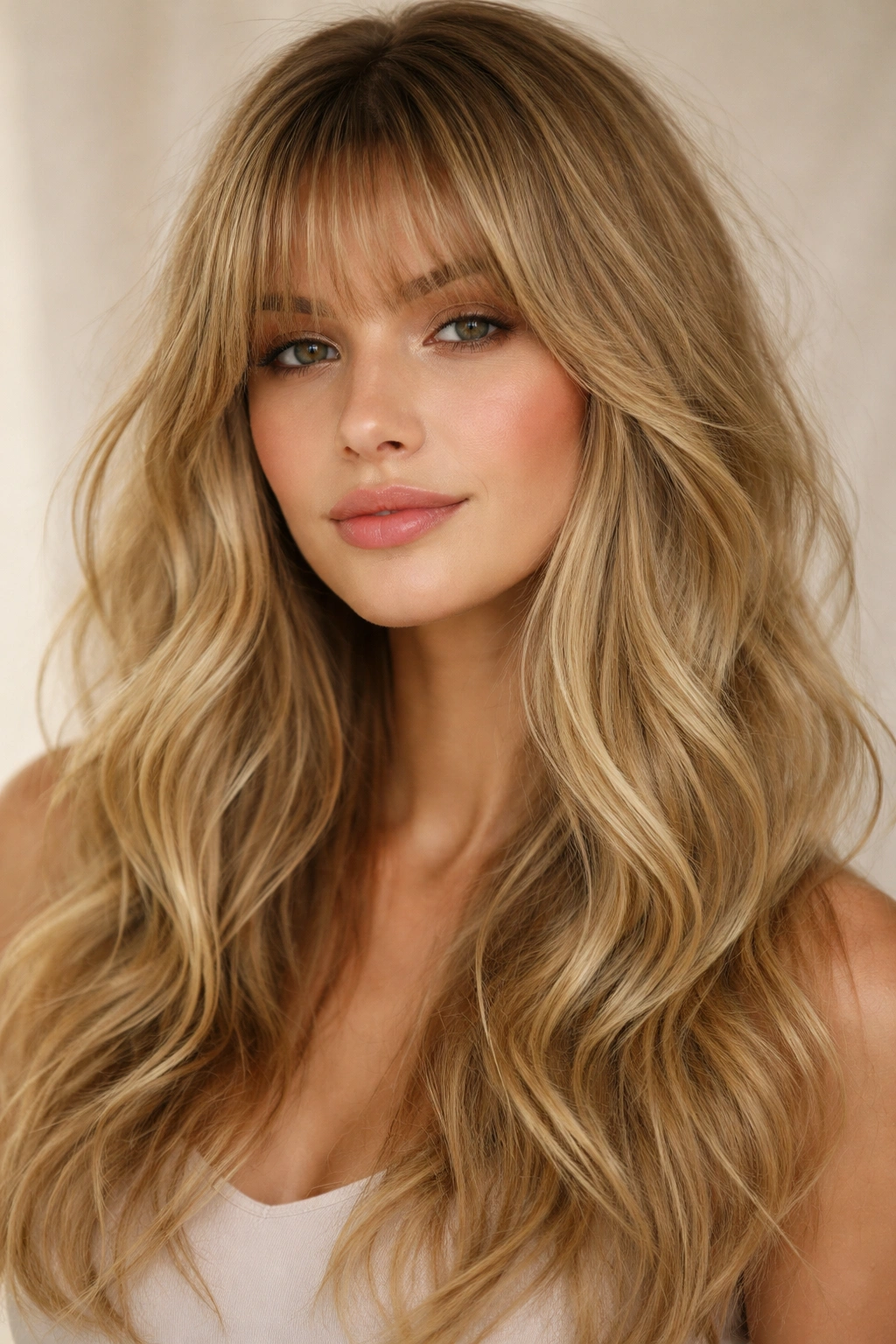 Close-up of blonde tousled waves with shorter face-framing bangs.
