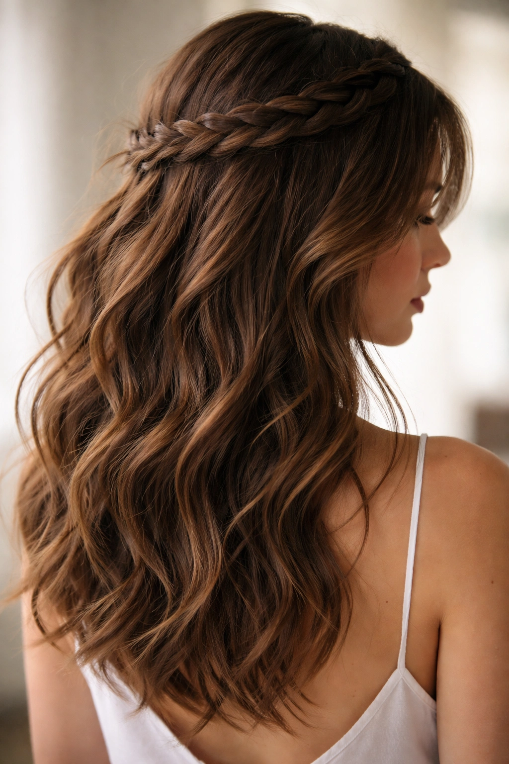 Close-up of brunette hair with a loose braided crown and soft waves