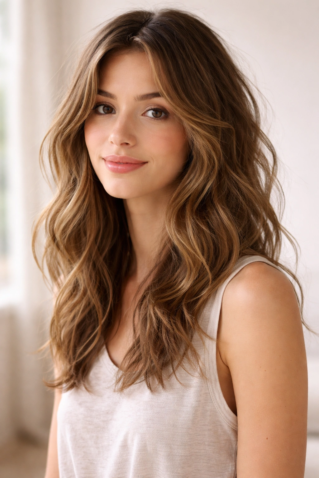 Portrait of an effortless tousled waves hairstyle in a neutral studio