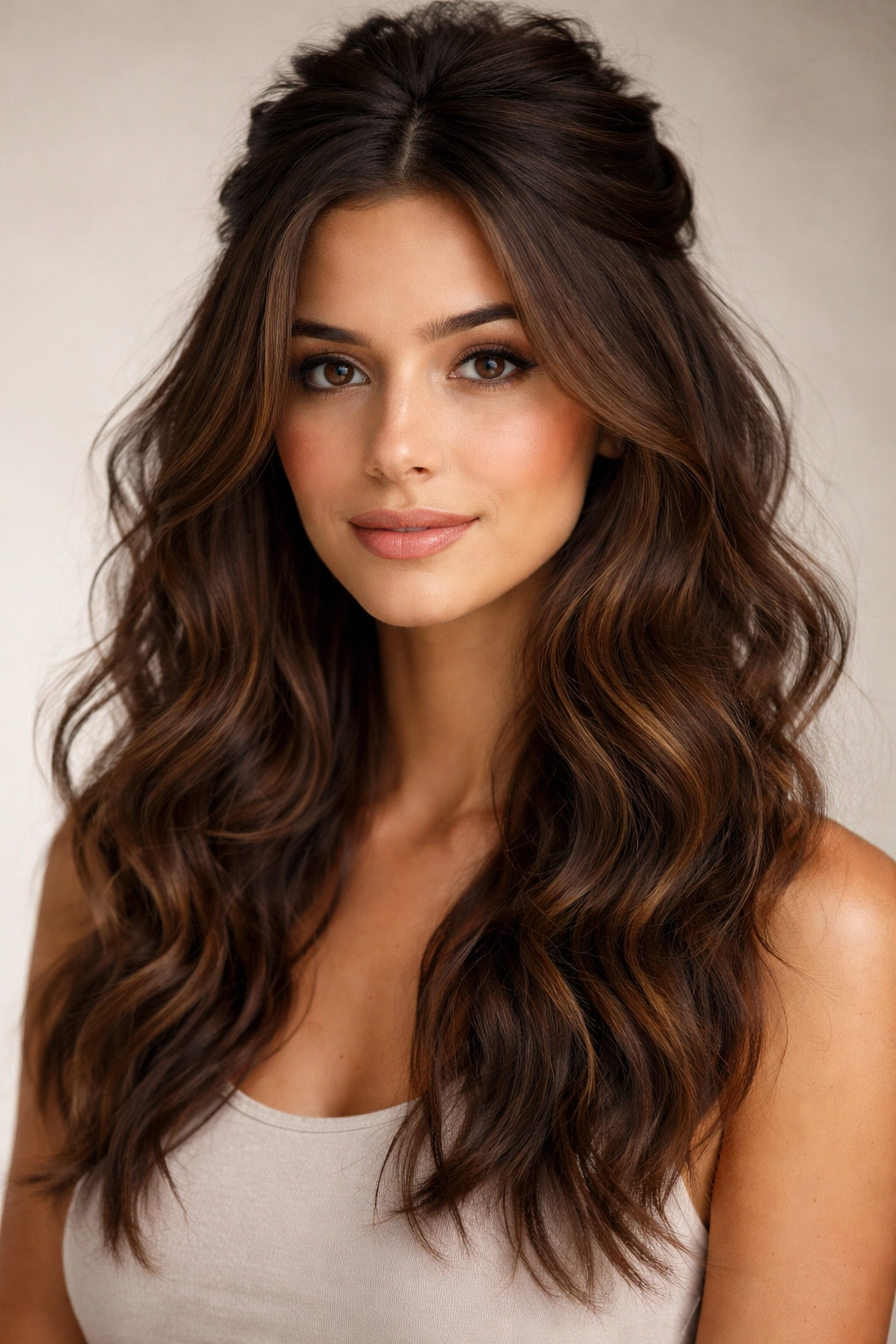 Portrait of brunette with tousled waves in a half-up style.