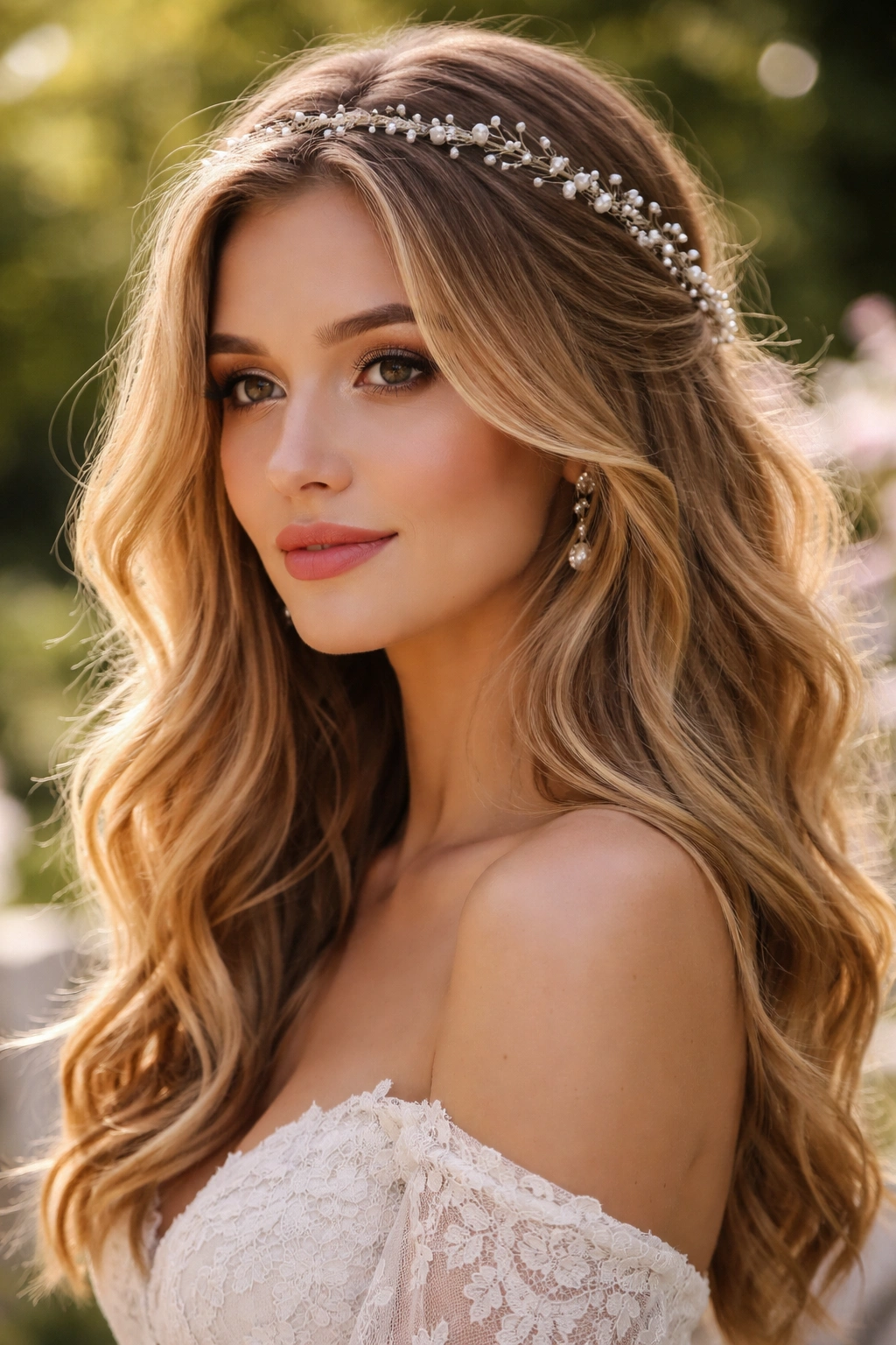 Close-up of tousled waves with a delicate headpiece for a romantic wedding look