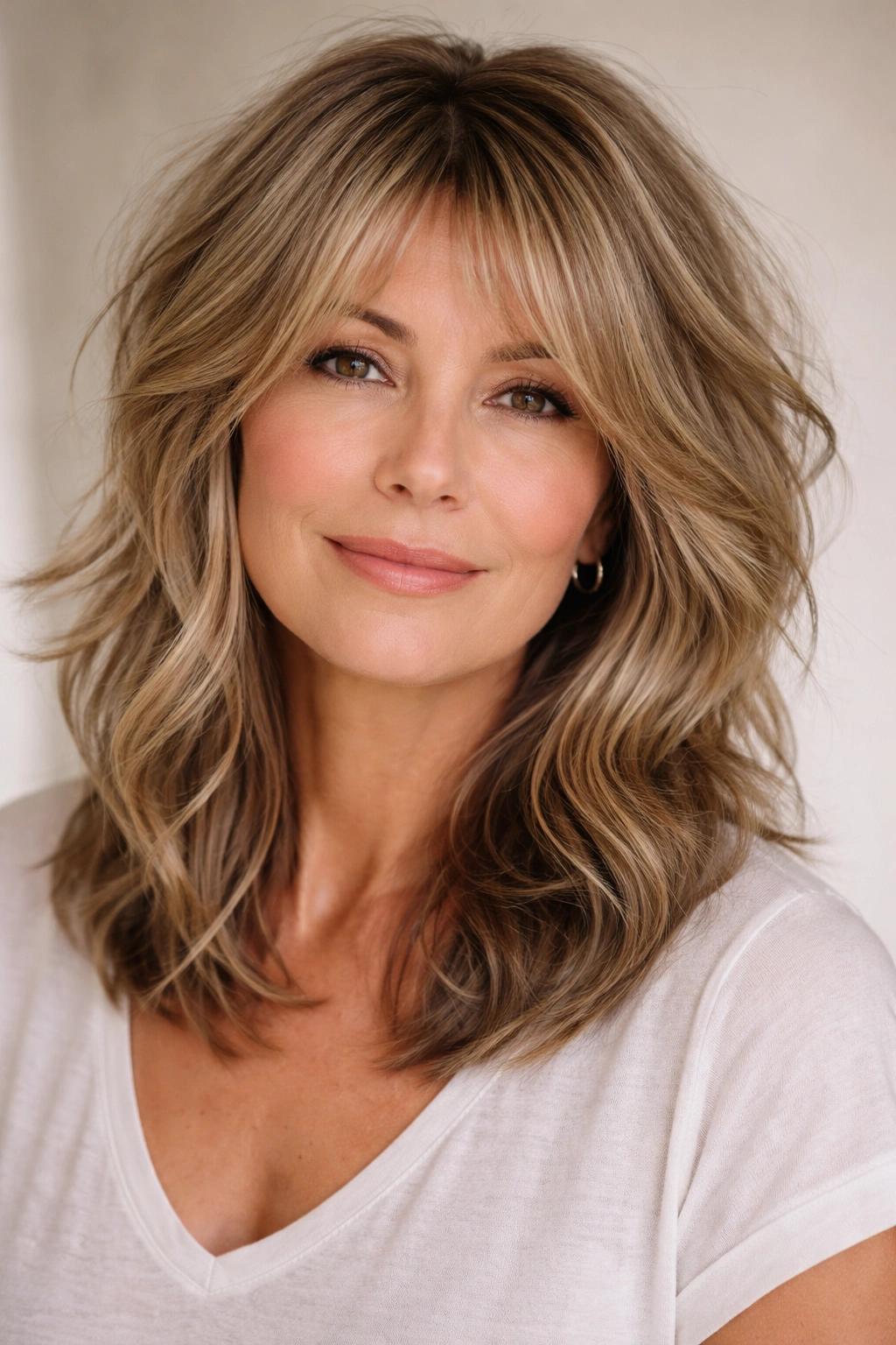 Close-up of a woman with tousled waves and a modern shag cut, face-framing layers and volume