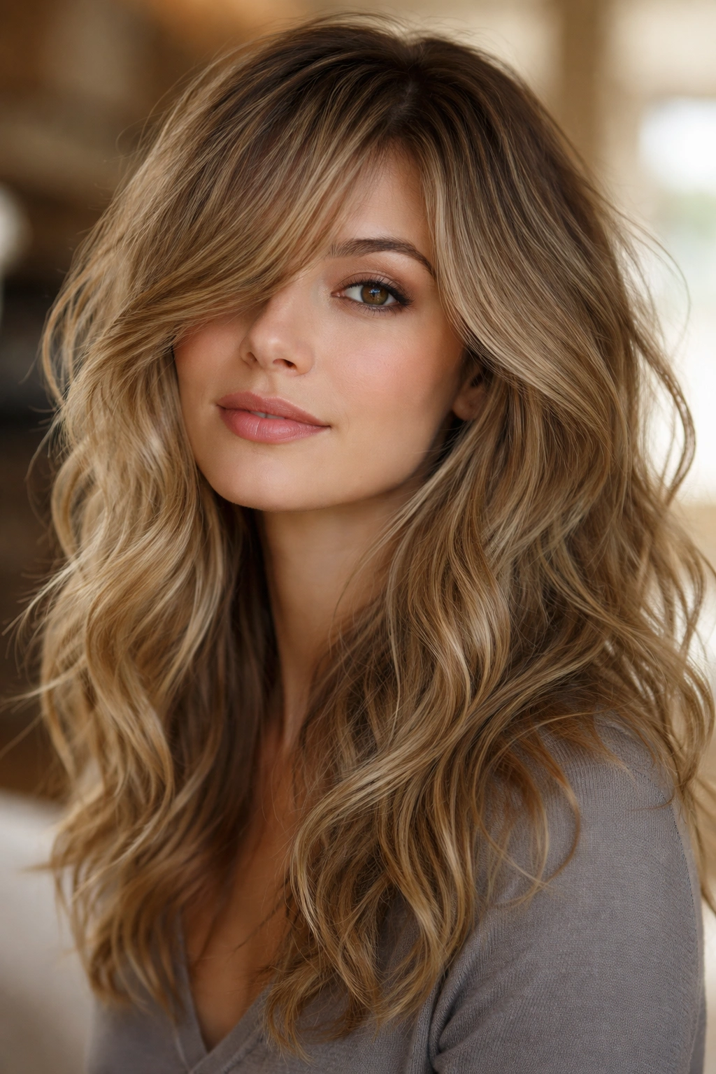 Tousled waves with side-swept curtain bangs on fine hair