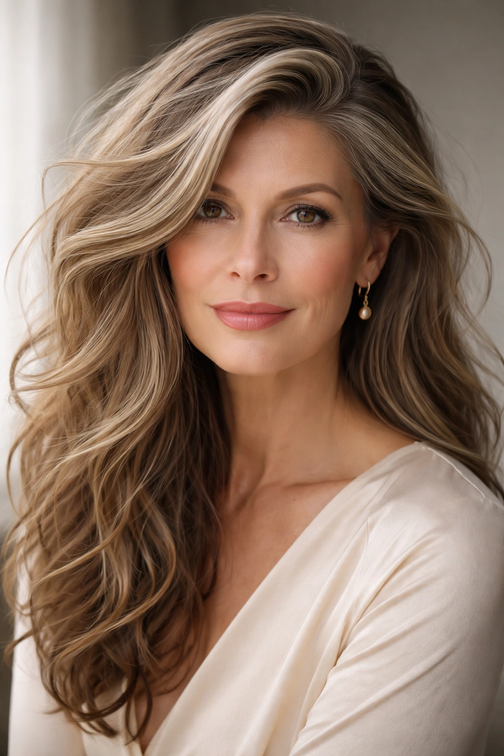 Portrait of a woman with long, tousled waves swept to one side, elegant asymmetrical hairstyle.