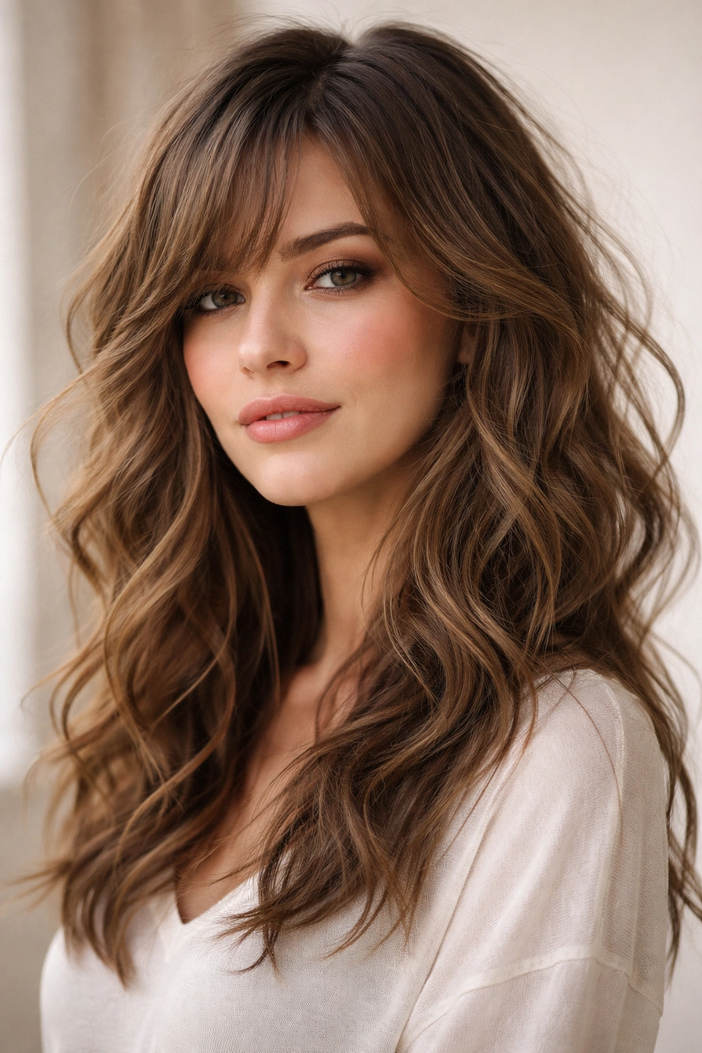 Tousled waves with wispy side bangs in a soft, airy hairstyle