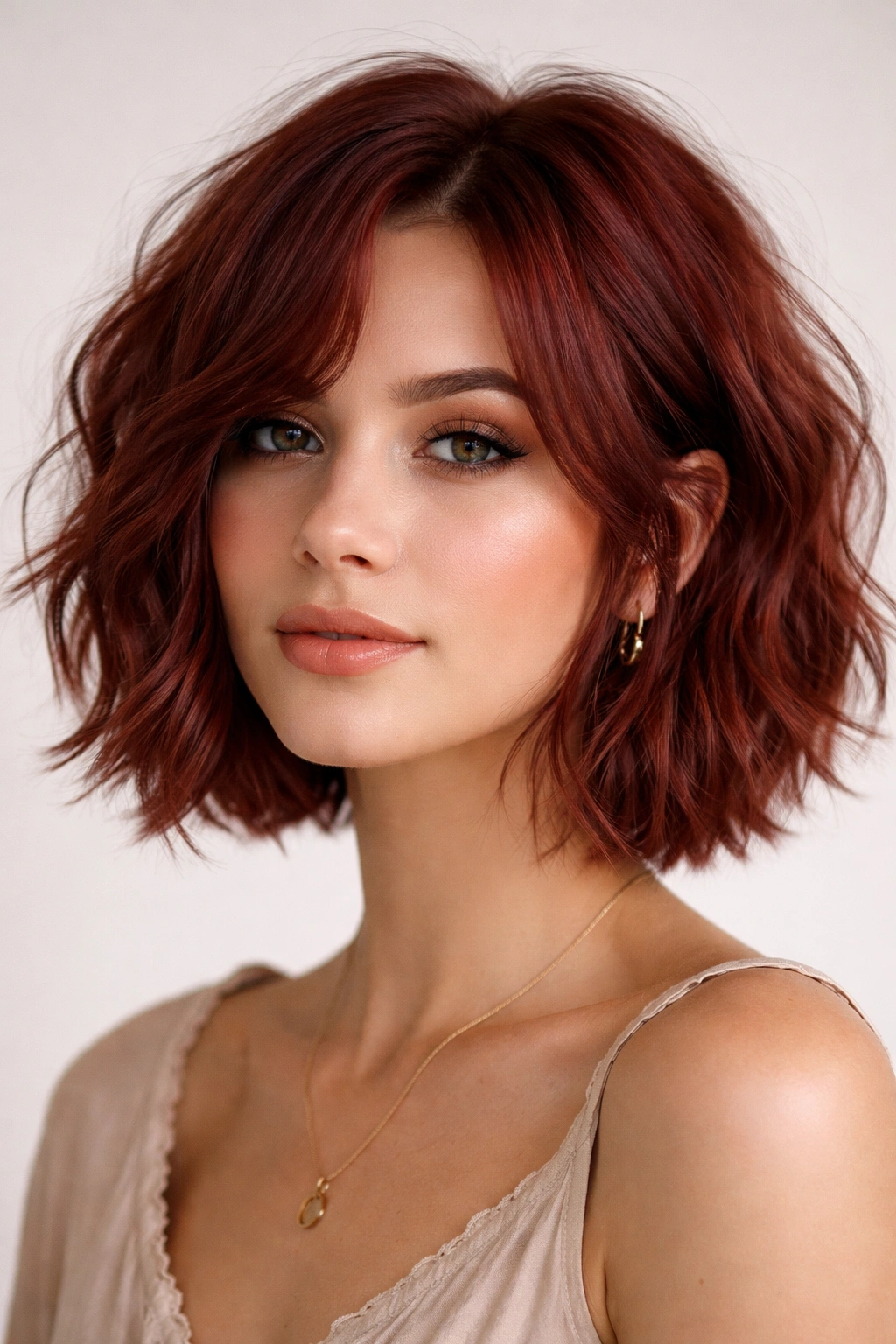 Chin-length tousled wavy bob with textured ends in red