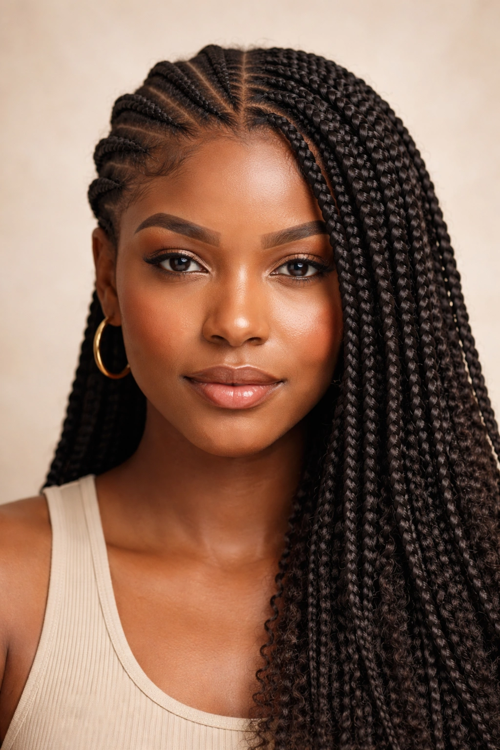 Close-up of a 4C hair person with transitional protective styles: cornrows on one side and box braids on the other, neutral backdrop.