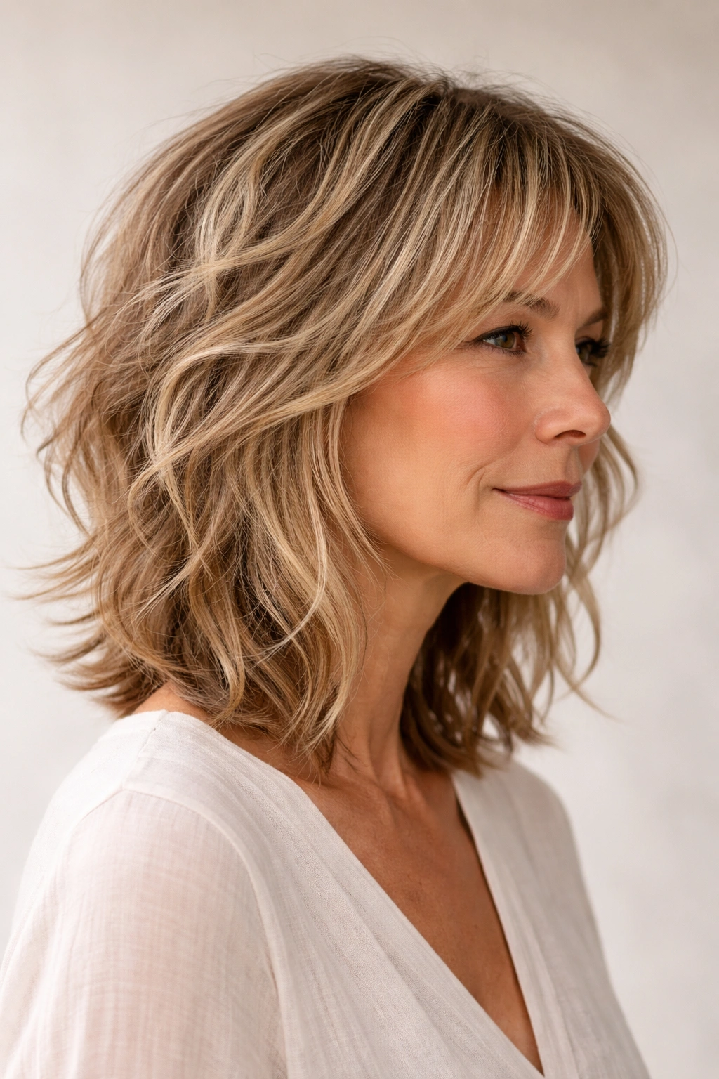 Transitional shag with layered pieces to grow out a bob, showing varied lengths.
