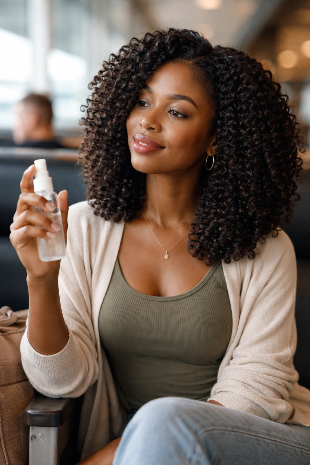 Traveler with hydrated coils in airport lounge