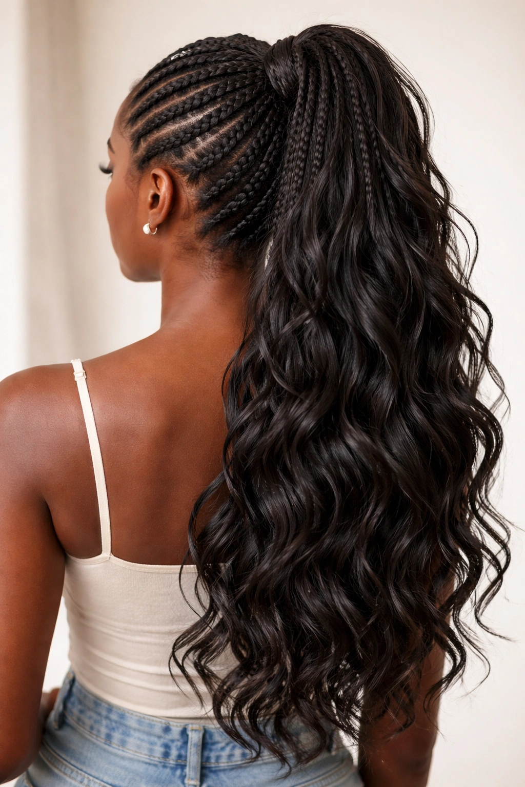 Tree braid ponytail with braided sections and loose ends gathered into a ponytail