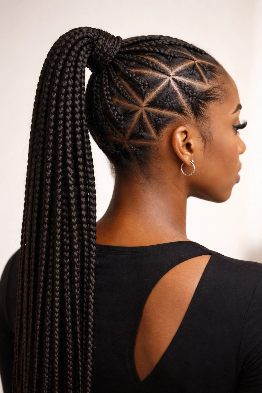 Close-up of triangle braids ponytail showing triangular scalp parts and a high ponytail